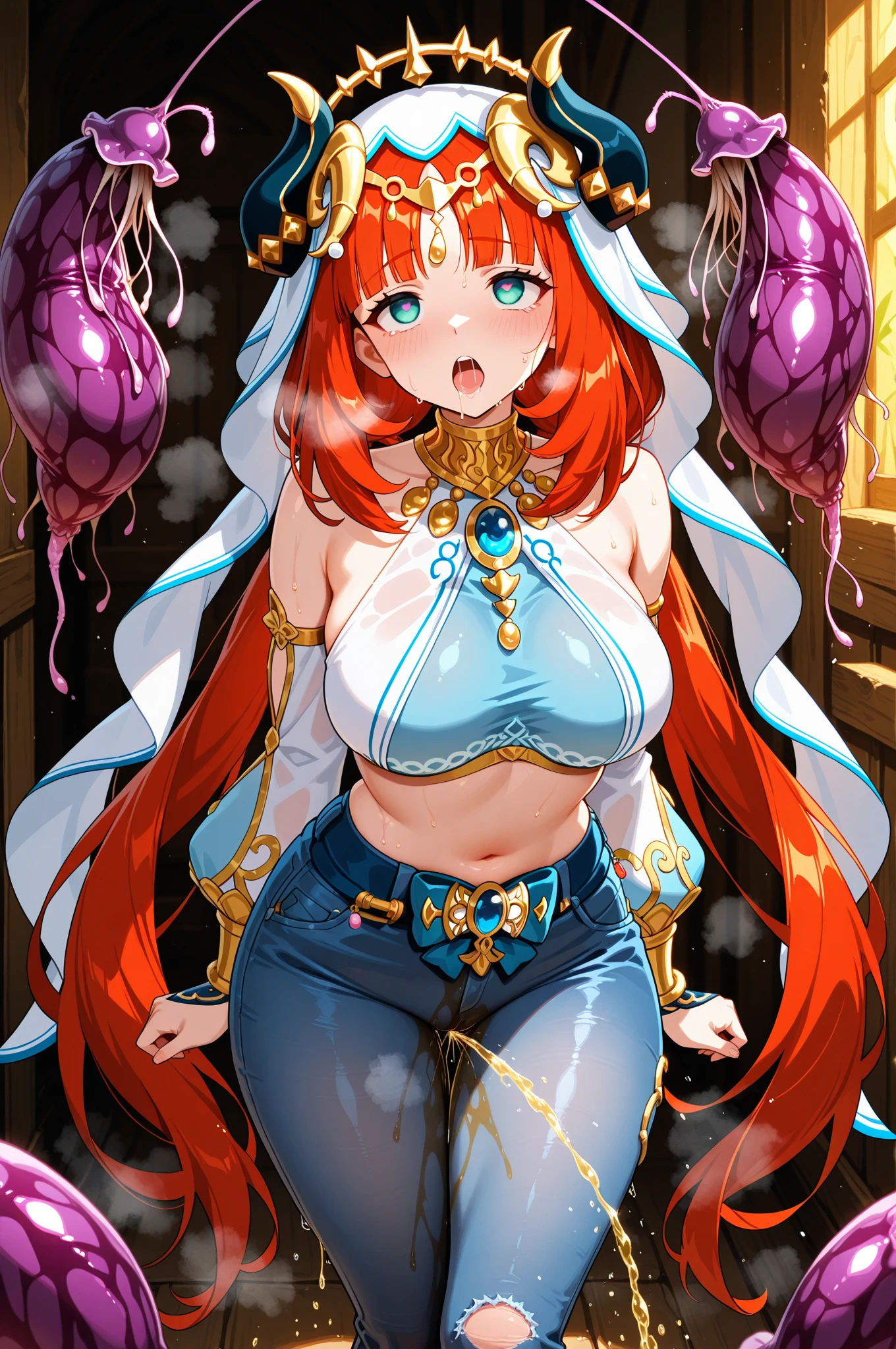 Beautiful sexy pregnant female sorceress, seductive pose, cleavage, orange hair