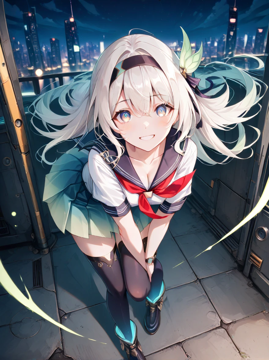 (1 girl),(high quality), (High resolution), (extremely detailed), (8K),(lower body shot),(Hatsune Miku is wearing panties under her transparent school uniform and navy short pleated skirt.),(wearing black knee-high stockings)not wearing shoes,perfect writing,(Beautifully erect nipple shape:1.2),High resolutionの美しい目,(neutral white lighting:1.2),Dancing in another world with strong winds