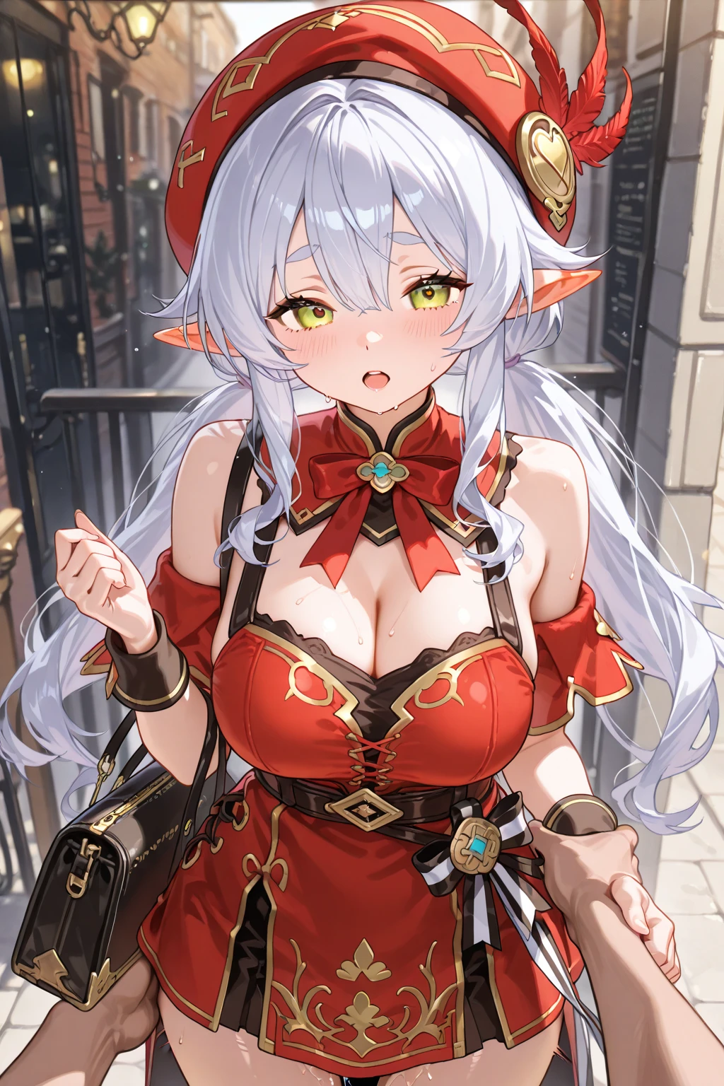 ((Best quality)), ((masterpiece)), (detailed), perfect face, fantasy character, sunglasses, tiefling, White hair, big breasts, red clothes, white eyes, horns