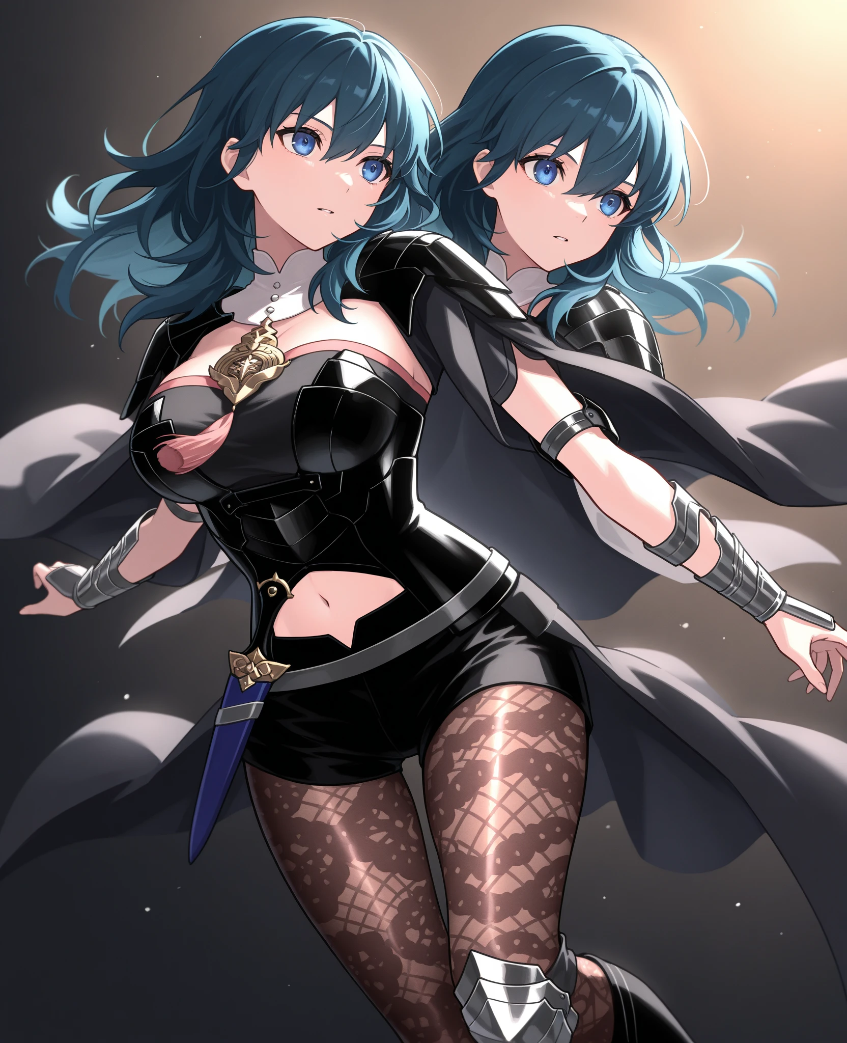 Two stunning female knights with detailed face, flawless features and slender figures vibrant multicolored hair, ample bosoms, huge breasts, detailed erect nipples, standing side by side, wearing sleek leather armor that reveals their toned midriffs, cleavage, and thighs, sexy stockings, (no panties:1.5), detailed vagina, (pussy juice:1.2). They stride confidently in high heels and don gloves, wielding a variety of weapons including swords, maces, axes, and shields. The scene exudes a sense of fantasy and takes place in an unpredictable location (NFSW).