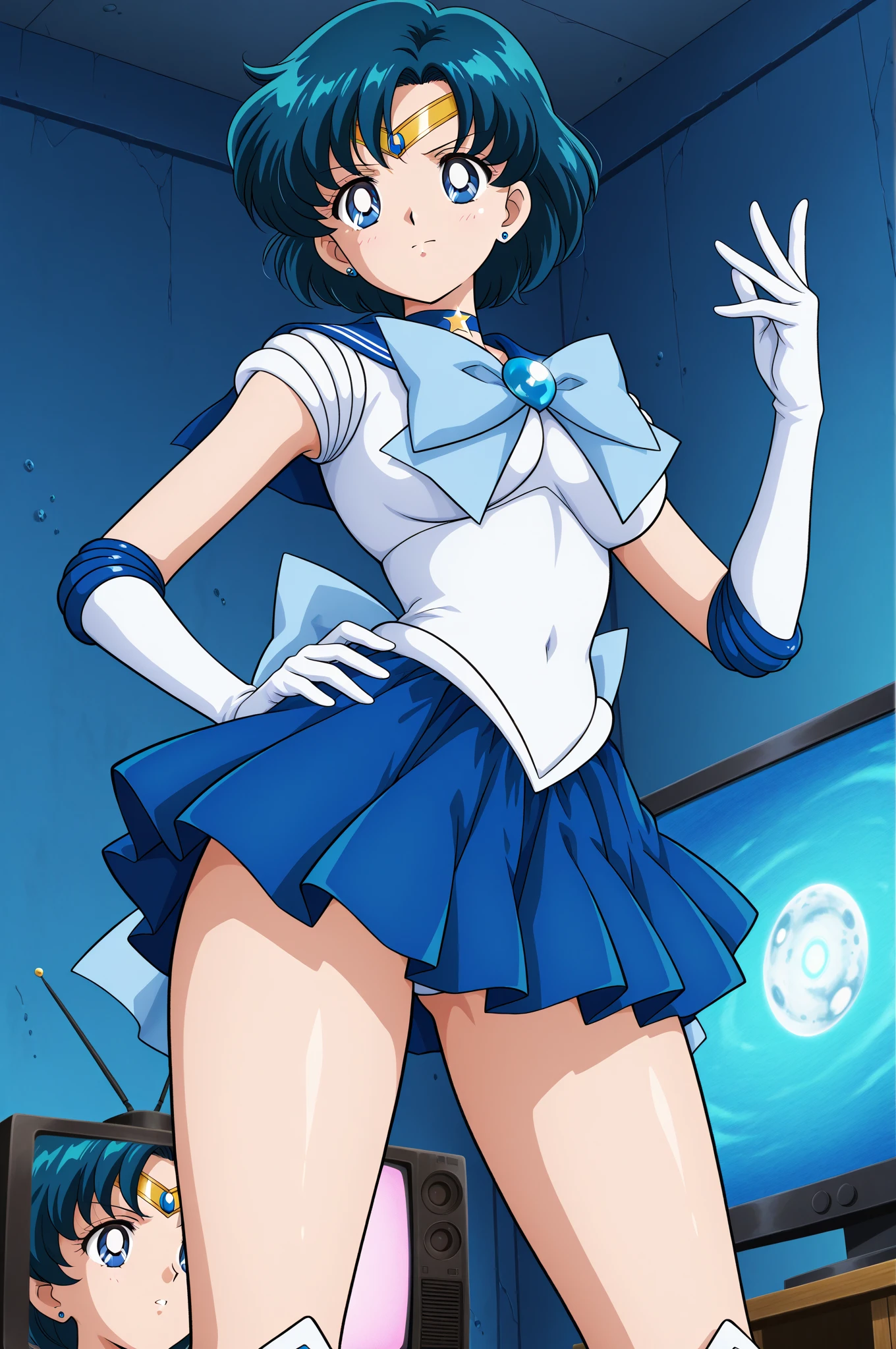 (top-quality:1.3), (masterpiece:1.4),(Anatomically correct), (Full limbs),(complete fingers),(Precise fingertips), (Fine details),(8K),Photorealista,Sailor Moon!!!!!!!!, Sailor Moon Style,by Sailor Moon, Sailor Senshi Uniform,(Sailor Mercury:1.25),aqua eyes,whitegloves,Dark green hair, Blue choker,Blue Boots,
ful:1.3,frombelow,(1 female),(Mer1, tiarra, Sailor Senshi Uniform,white glove,Blue sailor color,a blue skirt,Sailor Senshi Uniform:1.2,Sailor Mercury:1.2,meishaonv),Sailor Senshi uniform revealed,Shiny Blue Color Sexy Pleated Mini Skirt:1.3,(very large blue-colored bow in the center of the chest,,,,,:1.4,Golden tiara on the forehead:1.5,Blue gloves on the elbows:1.1,Bare upper arms:1.1,Long knee high boots in shiny blue enamel、Luxurious gold decoration:1.3,Saturated wide blue color, Saturated Blue Sailor Color,Long white latex gloves with luxurious gold décor:1.3,very large blue bow behind the waist,,,:1.1,Cleavage looks sexily boldly big,Blue star-shaped earrings)),partedbangs,((seducting smile,Very pretty face,Details of face:1.5,beautidful eyes,shinny eyes,thin lipss:1.3,thin and sharp pale eyebrows,long dark eyelashes,Double eyelashes)),Luxurious Golden Jewelry,(Very thin and fitting high gloss white holographic leather:1.3),Bold and sexy slender high leg gravette swimsuit,(battle posture), Huge white wings,thin and muscular muscles,Muscular abs,a small face,huge-breasted,perfectly proportions,big breasts thin waist,SEXY Model Pose,Visible Pore,perfect hand:1.5,octane renderings,highly dramatic picture,Strong natural light,sunlights,exquisite lighting and shadow,dynamic ungle,DSLR Harp,Focus:1.0,Maximum clarity and sharpness,(The divinity of water,Splattering on the background of the space,Dynamic water background,prow: 1.2,Eau,polka dots,Water hair,Dynamic Frames,mercury,rays of moonlight,a moon,Dynamic backgrounds,Background of details)),