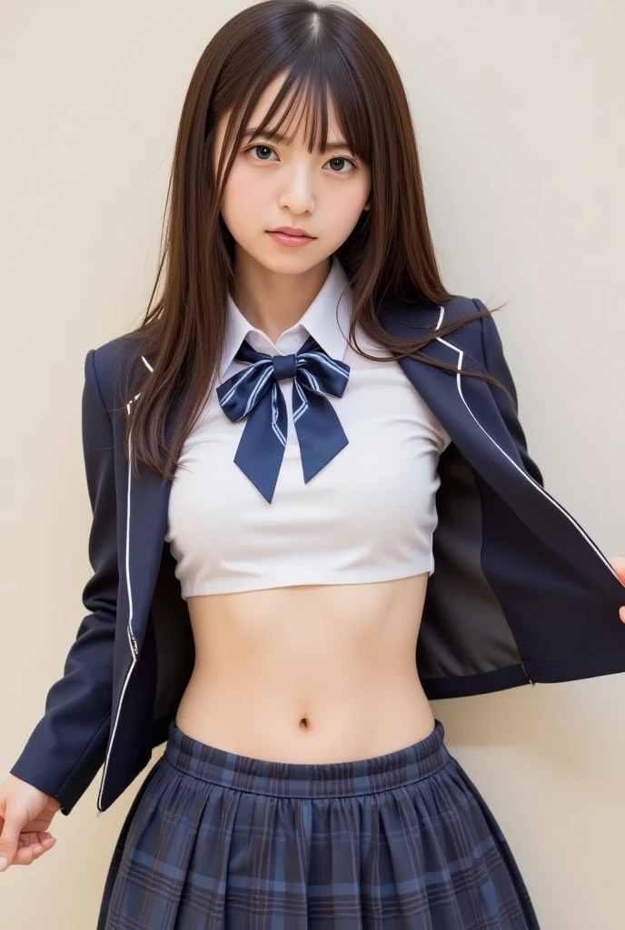 (Professional portrait、Professional Writing)、Highest quality, (Anatomically correct arms:1.3), Detailed workmanship、High resolution、(8K, High resolution:1.2)、(RAW Photos, Realistic:1.3)、masterpiece、Slim figure、High resolutionの顔、The face is in focus、High resolutionの目、(Concentration, Symmetrical pupils:1.2)、High quality and beautiful skin、Firm Skin、Natural Makeup、Gloss lips, High-definition hair texture、 Japanese schoolgirl、17 years old、(High School Uniform:1.3), (Sleep on your back:1.3), (Hold your arms over your chest:1.2), very cute, (Very embarrassed:1.2), (blush:1.1), (I am afraid:1.3), (Glaring at the camera:1.3)、(Shooting from above:1.3), Small breasts, Browsing Caution, Cleavage、Semen-covered body、Low-rise miniskirt
