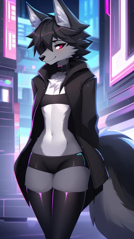 by angiewolf, hioshiru, puro, anthro, male, shota, solo, female clothing, fur, 2022, white fur, black clothing, leotard, lidded eyes, long Tail, big ass, long legs, black leotard, yiff, cyberpunk city background
