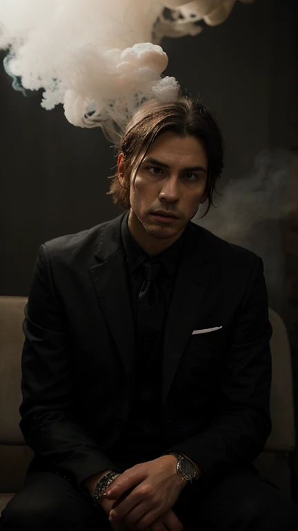 man character, seated in a chair, smoking a cigarette, with hands on face, dark shadowy surroundings, head on fire, expression of sadness 