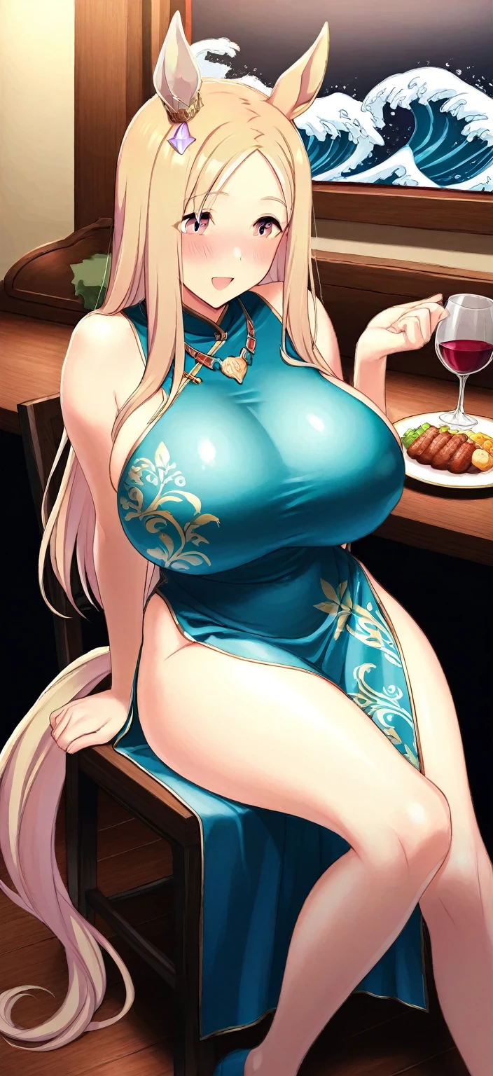 masterpiece, best quality, ultra high res, ultra-detailed, inside a luxurious bar, night, a windows with a beautiful night city landscape, azusa, slut, solo, (blonde hair, teal eyes: 1.4), red lipstick, red eyeliner, (gigantic tits and giant cleavage: 1.4), hairy pubic hair, (erotic black china dress, black tights, black high heels: 1.5), looking at the viewer, sexual alluring expression, moaning, pleasure face, horny, very erotic face, wet, (azusa is spreading her legs wide open on a luxurious bar stool and squirting love juice from her exposed pussy while looking at the viewer with a very embarassed face and a very troubled open mouth: 1.6), (bottom close pussy photo: 1.5)