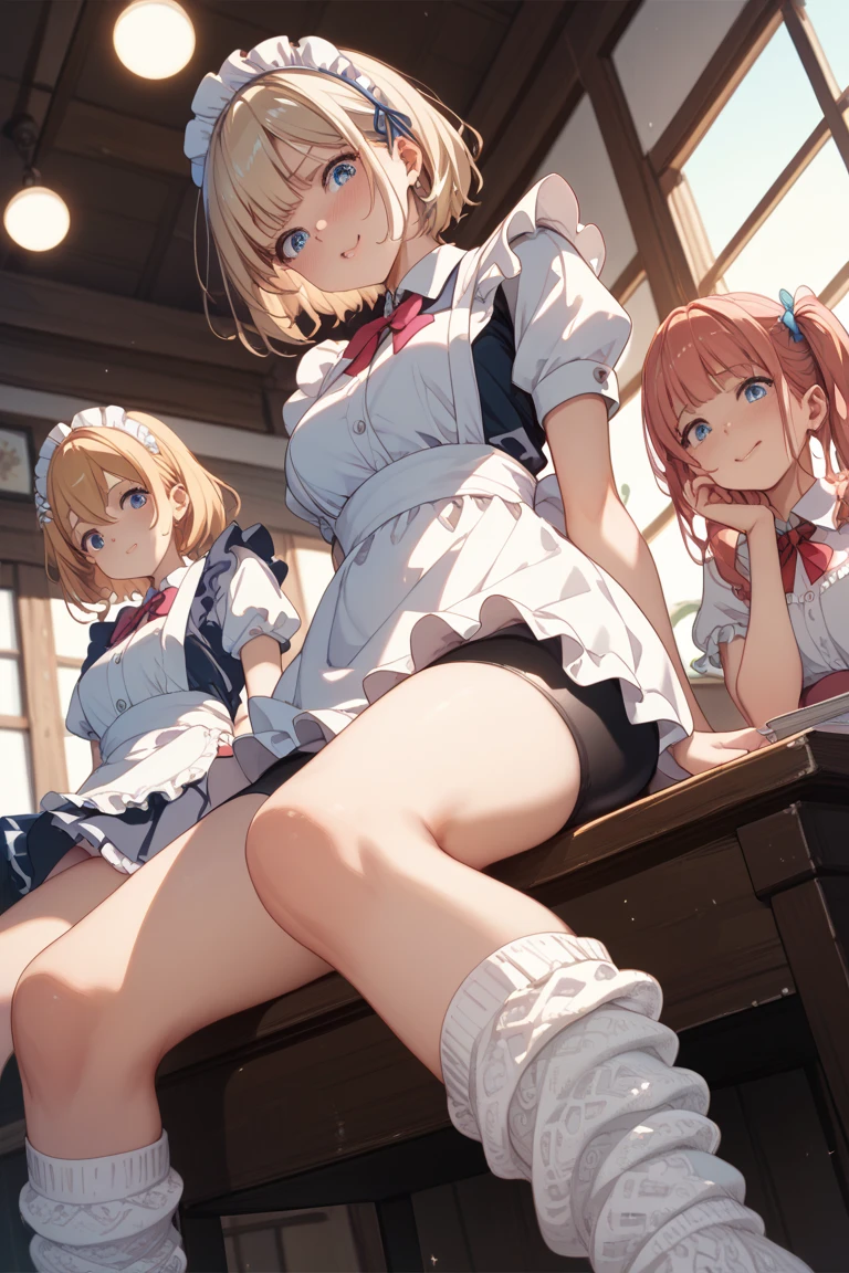 masterpiece、Highest quality、Highest quality, (Long, slender legs, shoes:1.2), (squat, Spread your legs), 1 girl, (smile、Open your mouth大笑い:1.2), Cute eyes, (Detailed face:1.3)、Open your mouth, The whole face turns red, alone, Oversized breasts, Big and ample breasts, (Straight bangs, Bobcut), (White maid outfit:1.2)、(Nipples、Ultra-micro bikini that only covers the bust digs into the skin:1.2)、Side bust、Underbust、belly button、Walking through the mansion'corridor、Browsing Caution、shoes下