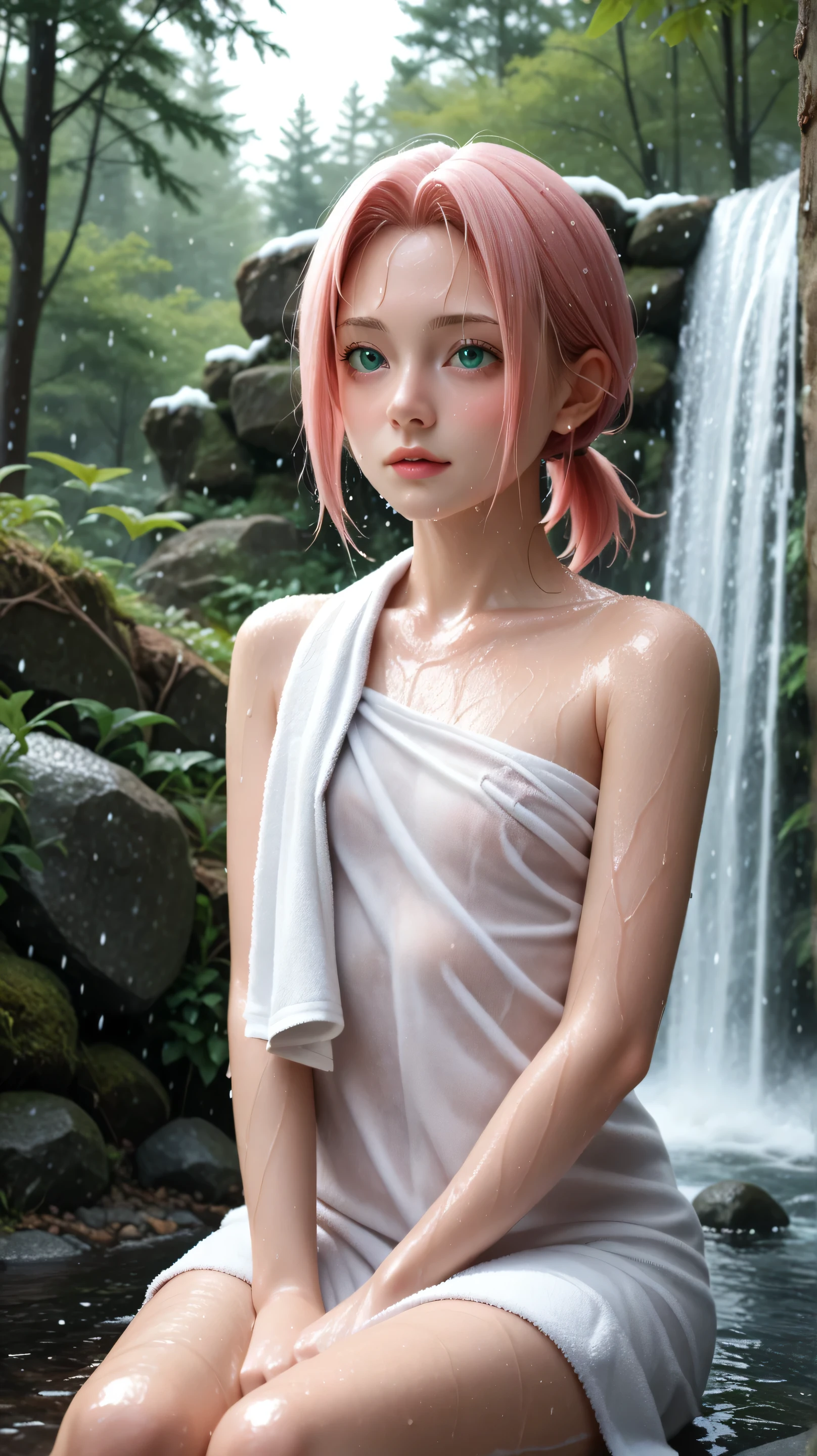 1girl, solo,haruno sakura,emerald eyes,pink hair,short hair,outdoors,snowfall,potrait,low ponytail,(wear towel:1.4),waterfall background,forest, sitting uder waterfall,flat chest,small breast,(wet body:1.5)