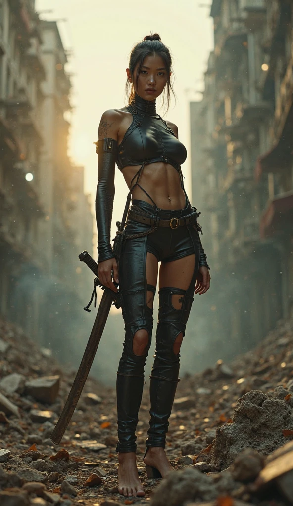 Katarin de bloodrayne (Michelle Rodriguez) wearing sexy black leather armor. Holding a baseball Bat, on a ravaged dirty road, post apocalypse zombie mayhem, ravaged city