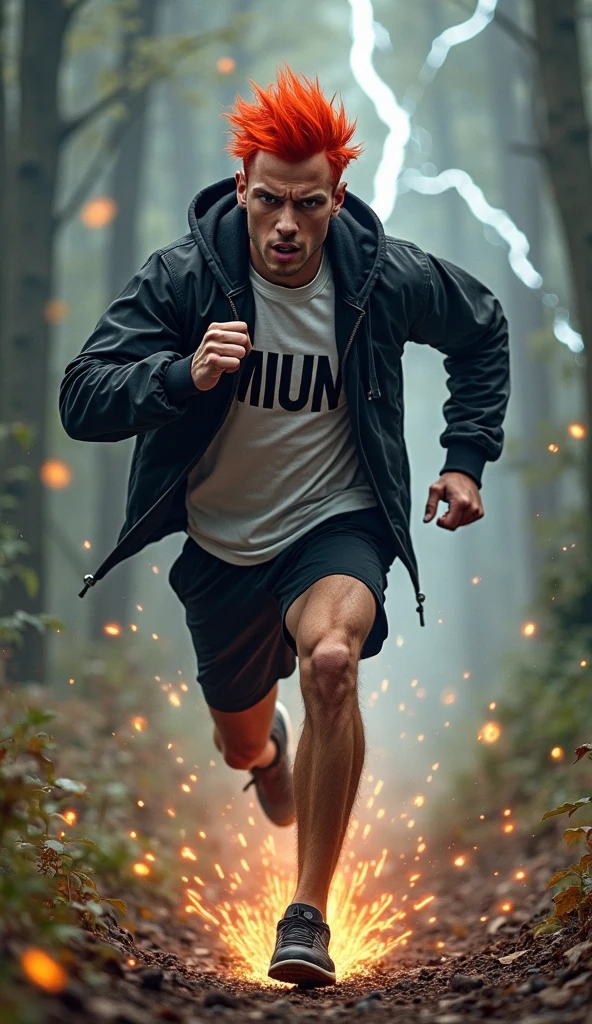 masterpiece, high quality, 1boy, athletic twunk, running on sidewalk, sport shorts, trainers, t-shirt, wet, wet clothes, rain, realistic, dramatic lighting, atmospheric, intricate details, street background