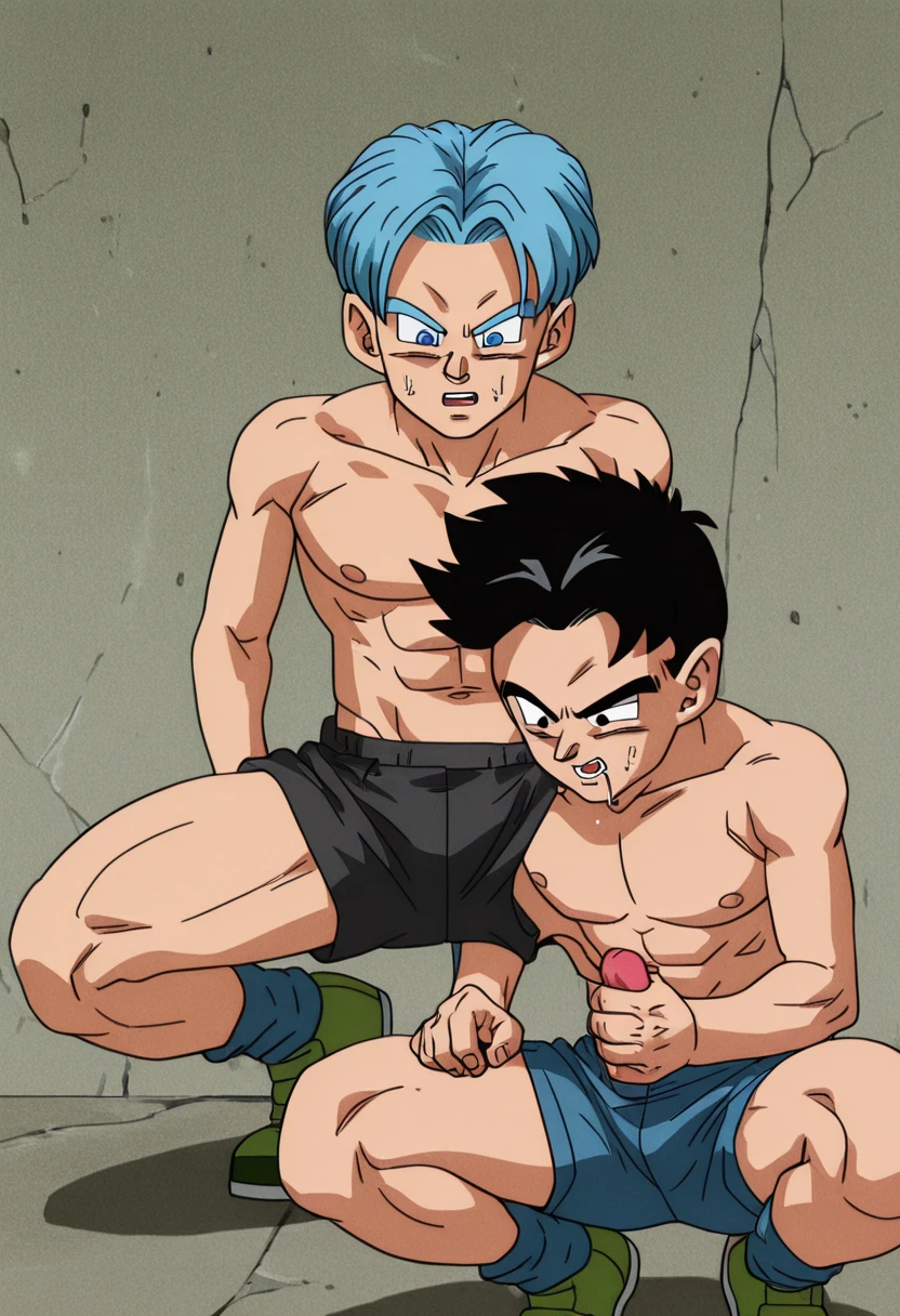 Huge muscles,Crying face,Lots of drool and sweat,Harness,Young face,teenager face,Little,(Huge erect penis,Curved penis),Full body image,Young body,Muscular legs,Wearing boots,Large, toned muscles,Goku,super saiyan,Imminent sexual activity,Demon body, wings and horns,Shaking violently,Group Sex,Obscene tattoos,Blue Hair,Tight suit,Spiderman Suit,