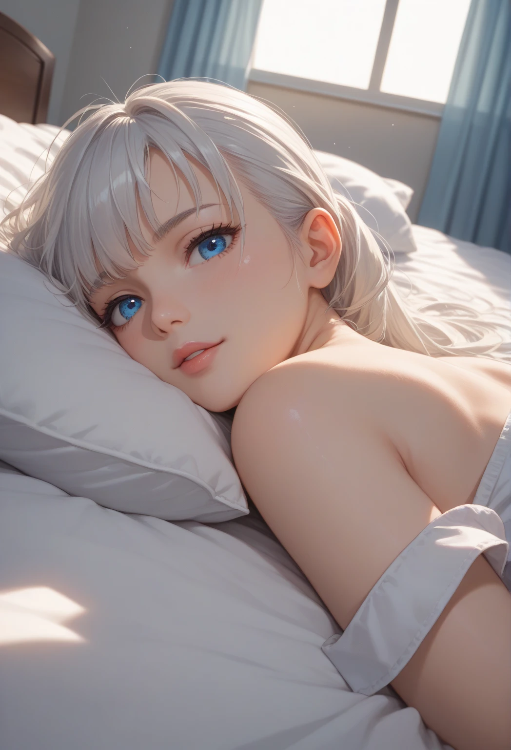 White hair，Lie down in bed，，（Wearing thin white kini underwear），，enjoying，Blushed shyly，（（White liquid flows down）），Urgency to urinate，It looks painful，Wet，Feet open，Exposing the abdomen，Many tattoos are very thin，（（White liquid）），（（（comfortably））），（（（（（Revealed.45））））））