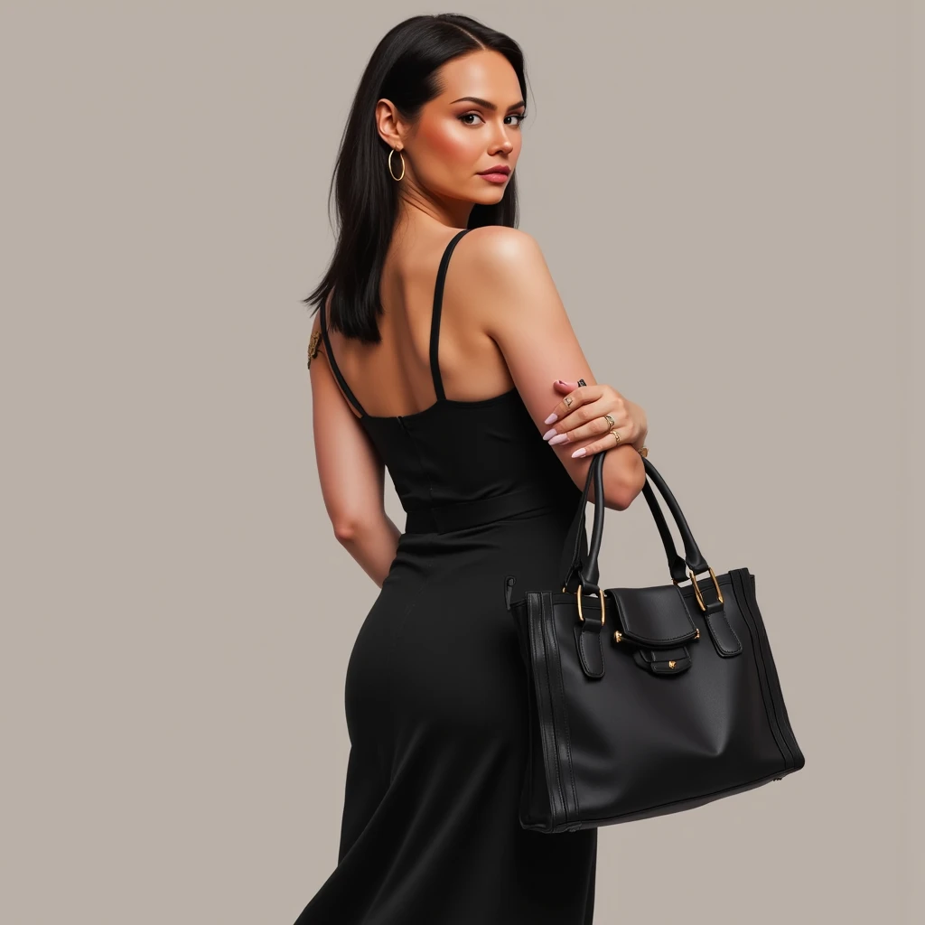 1 woman, pale skin, green eyes, slender, Versace dress, prostitute, huge breasts, huge buttocks, Gucci bag, gold watch, gold necklace chain, photo studio, black background, hyper-realistic, 8k, highly detailed, photorealistic, dramatic lighting, cinematic composition, fashion photography