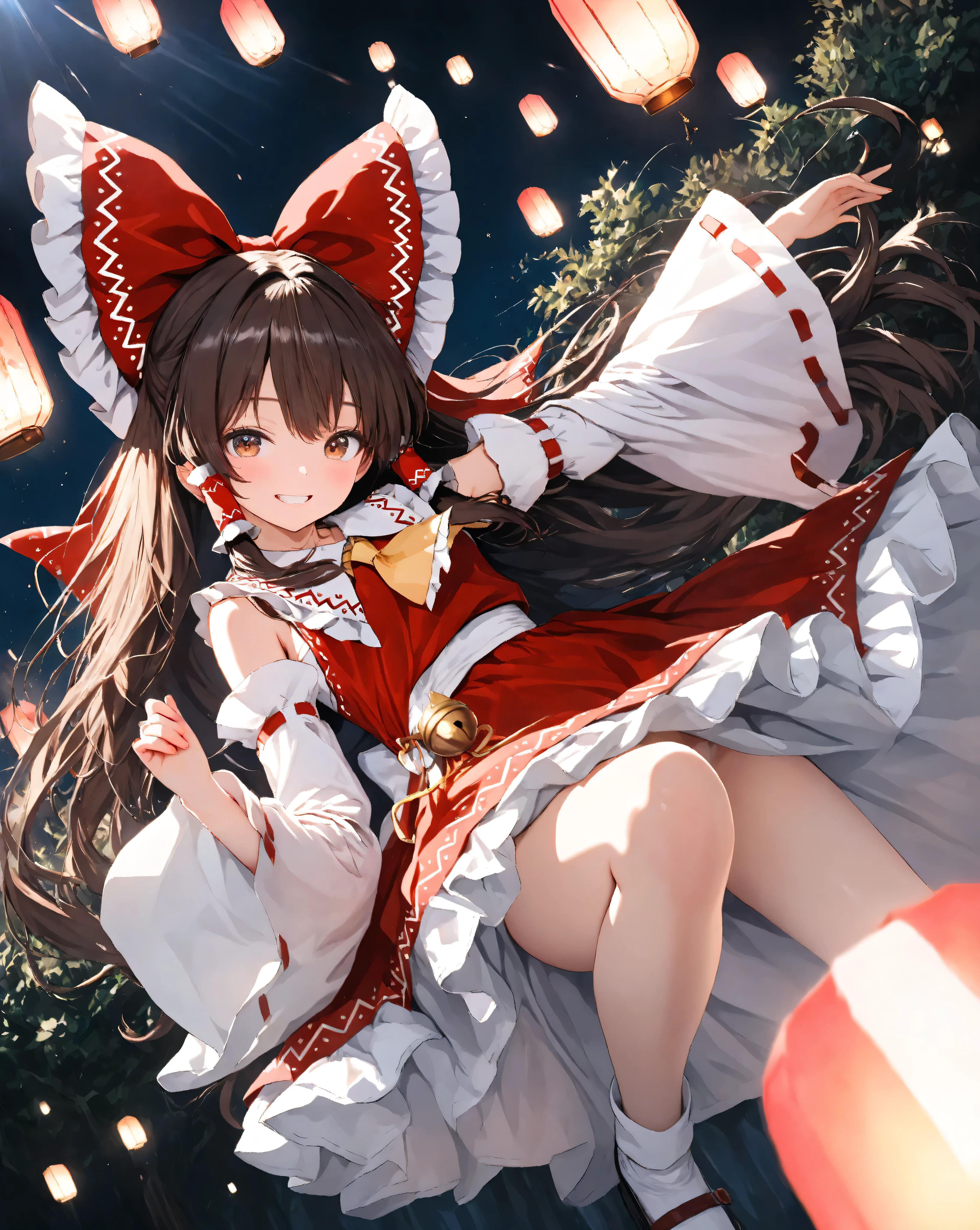 Quality:
(high score), (masterpiece, detailed:1.2), (ultra-detailed), (ultra-quality), (super-resolution), (detailed-background),

 Art Style: (photorealistic):1.4, (2.5D):1.5, (golden hour lighting):1.6, (warm cinematic lighting):1.5, (volumetric light rays):1.4, ray tracing, depth of field, (vibrant sunset pastel palette):1.3, dramatic angle, (ethereal atmosphere):1.2, (dreamy aesthetic):1.1 

Subject:
(touhou hakurei reimu):2.0, 1girl, (very young girl):1.3,  (child):1.2, (cute):1.3, (Sassy pose):1.3,(childlike joyful grin):1.5, playful expression,
(brown hair),(long hair),(hair bow),detailed strands of hair, silky smooth texture, flowing like it flutters in the wind, natural shading and highlights, 
look at viewer,brown eyes, (delicate vivid eyes),(delicate and moisturized lips),
petite, short stature, (Slender body lines):1.5,graceful knee lines, natural and beautiful leg lines, delicate body contours,

Clothing:
(touhou hakurei reim's outfit):1.5, (red dress), (white bell sleeves):1.3, (wide sleeves), (frilly cuffs), (white frilly skirt hem), (large red hair bow), (yellow ribbon on collar):1.5, (white collar), (white tabi socks), (black mary jane shoes with buckles), jane shoes with buckles),

Background:
(traditional Japanese garden):1.2, (shrine):1.1, (forest):1.0, (hydrangea):0.8, (night sky):0.7, (glowing lanterns):0.8, (moonlight), (fantasy setting):0.7,