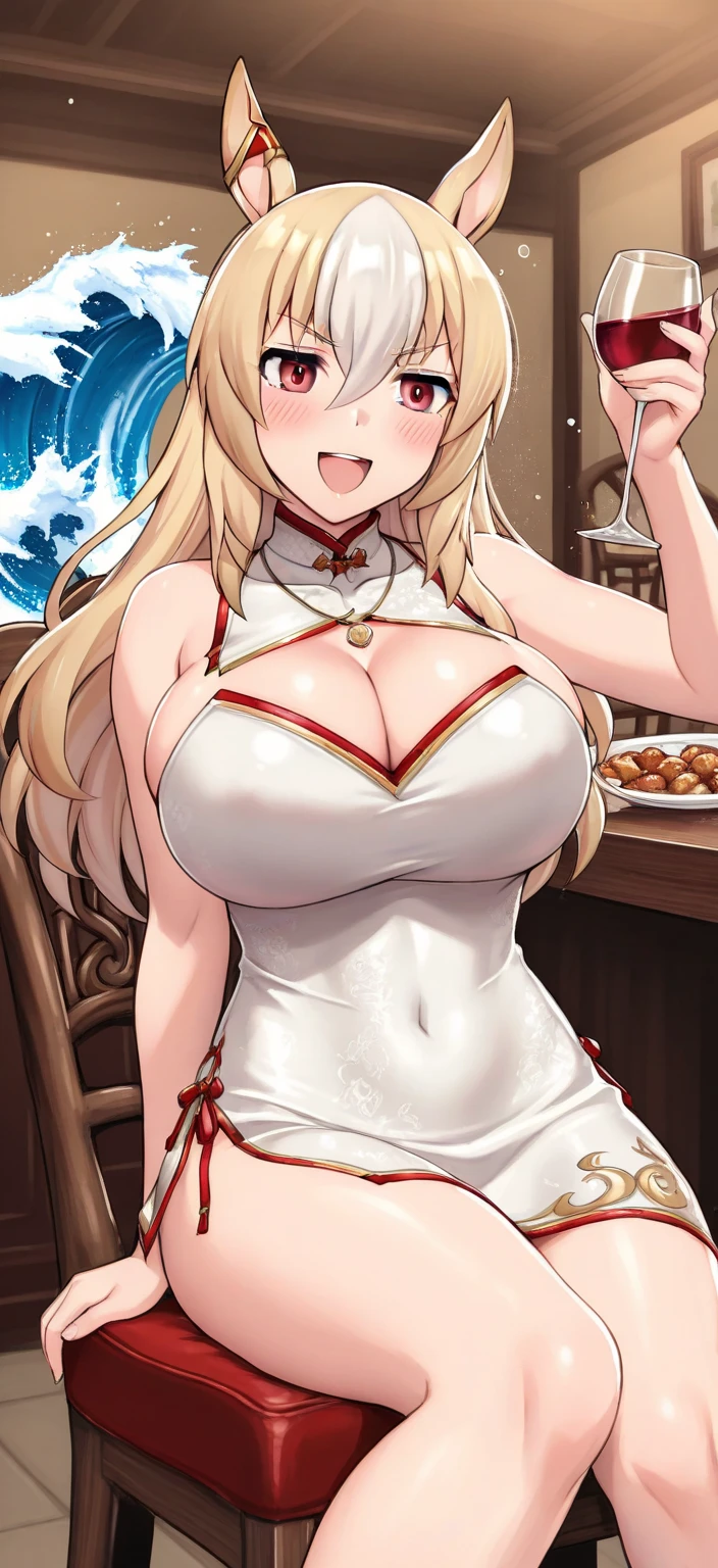 masterpiece:1.2, (best quality), (real picture, intricate details, depth of field), make up, smile, highly-detailed, perfect face, (huge breasts:1.13), (skindentation), attractive waist, tall, glossy coral lips, moderate musculature, toned abdomen, beautiful navel, (extra long brown color hairs:1.2), (beautiful bright coral blue eyes), sexy, blushing, Massive Cleavage, Disproportional , perky breasts, Queen, Tiara, apron only, earrings, necklace, mature woman