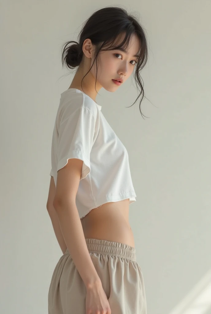 in a medium, eye-level shot, a fair-skinned woman with long, wavy black hair stands in front of a white wall adorned with blue shutters. she's dressed in a gray off-the-shoulder tank top, knotted at the waist, and a black purse slung over her right shoulder. her left arm is flexed at the elbow, and her right arm is bent at the elbow. her face is neutral, with a slight smile on her lips.
