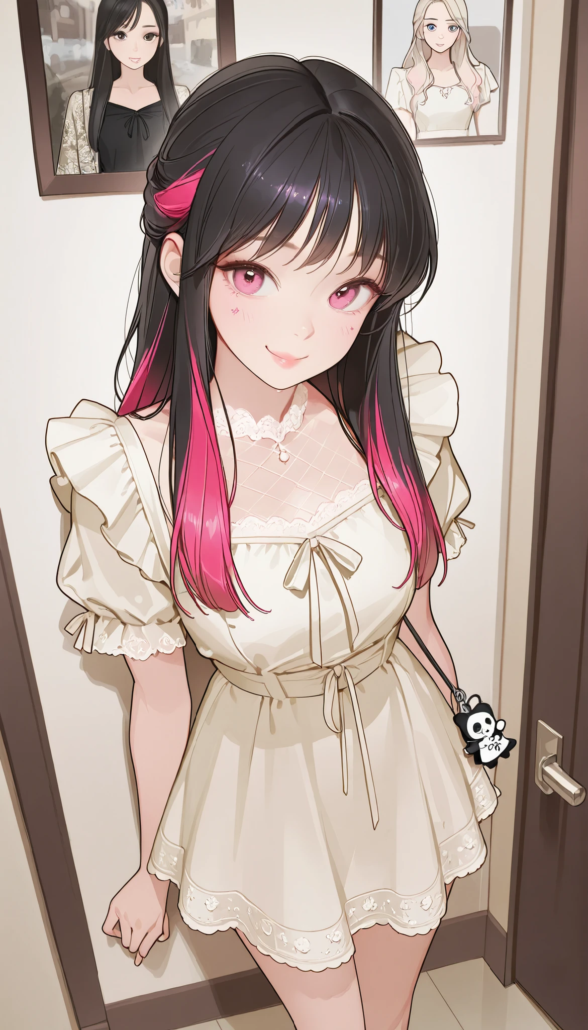 masterpiece、top quality、High precision in selection、high quality images、8k, 1 woman、perfect hands、 skin and clothing texture 、 beautiful eye expression  、Shiny latte-colored hair,long hair, Manga inspired by Lee Jong Suk, trending on deviantArt, realism, detailed anime-inspired style, cartoon style caught in a hole in the wall,  Perfect Line Drawing , beautiful line art,  Digital Manga Art Girl, K-pop idol, dress, beautiful pink eyes,  See Her Puffy Lips, Refined and Beautiful Faces, (cute smile), charm, innocent, side map, (Perfectly Detailed Faces), () like pictures, descriptive border, half up hairstyle, 
