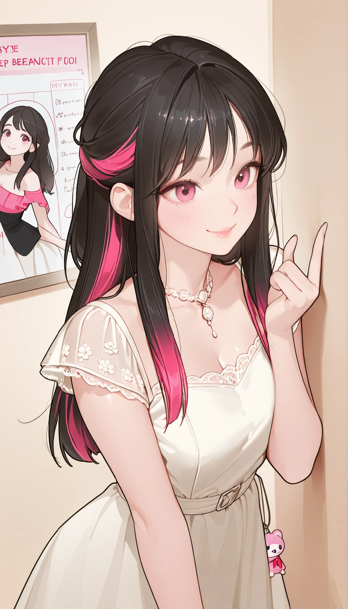 masterpiece、top quality、High precision in selection、high quality images、8k, 1 woman、perfect hands、 skin and clothing texture 、 beautiful eye expression 、Shiny latte-colored hair,long hair, Manga inspired by Lee Jong Suk, trending on deviantArt, realism, detailed anime-inspired style, cartoon style caught in a hole in the wall, Perfect Line Drawing , beautiful line art, Digital Manga Art Girl, K-pop idol, dress, beautiful pink eyes, See Her Puffy Lips, Refined and Beautiful Faces, (cute smile), charm, innocent, side map, (Perfectly Detailed Faces), () like pictures, descriptive border, half up hairstyle,