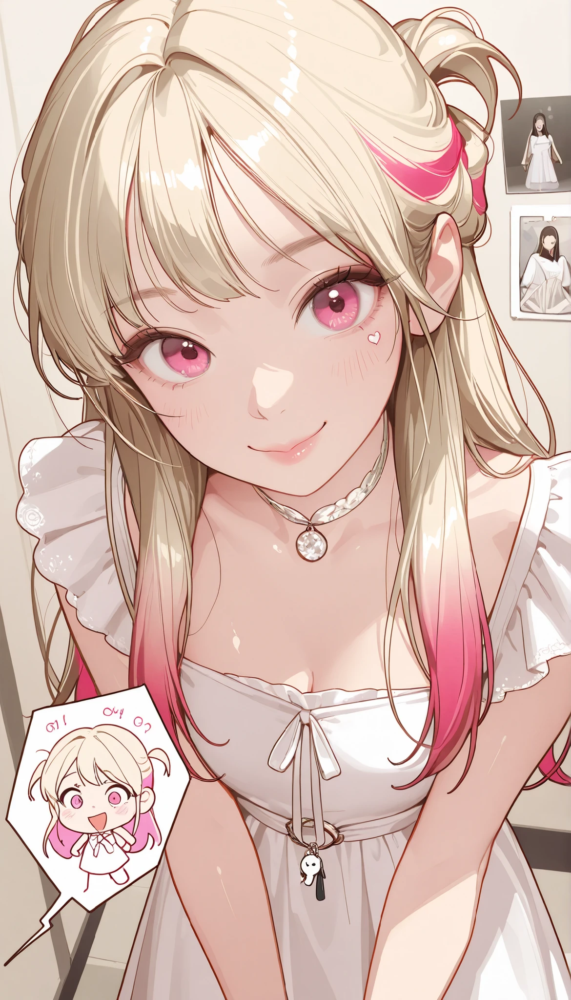 masterpiece、top quality、High precision in selection、high quality images、8k, 1 woman、perfect hands、 skin and clothing texture 、 beautiful eye expression 、Shiny latte-colored hair,long hair, Manga inspired by Lee Jong Suk, trending on deviantArt, realism, detailed anime-inspired style, cartoon style caught in a hole in the wall, Perfect Line Drawing , beautiful line art, Digital Manga Art Girl, K-pop idol, dress, beautiful pink eyes, See Her Puffy Lips, Refined and Beautiful Faces, (cute smile), charm, innocent, side map, (Perfectly Detailed Faces), () like pictures, descriptive border, half up hairstyle,
