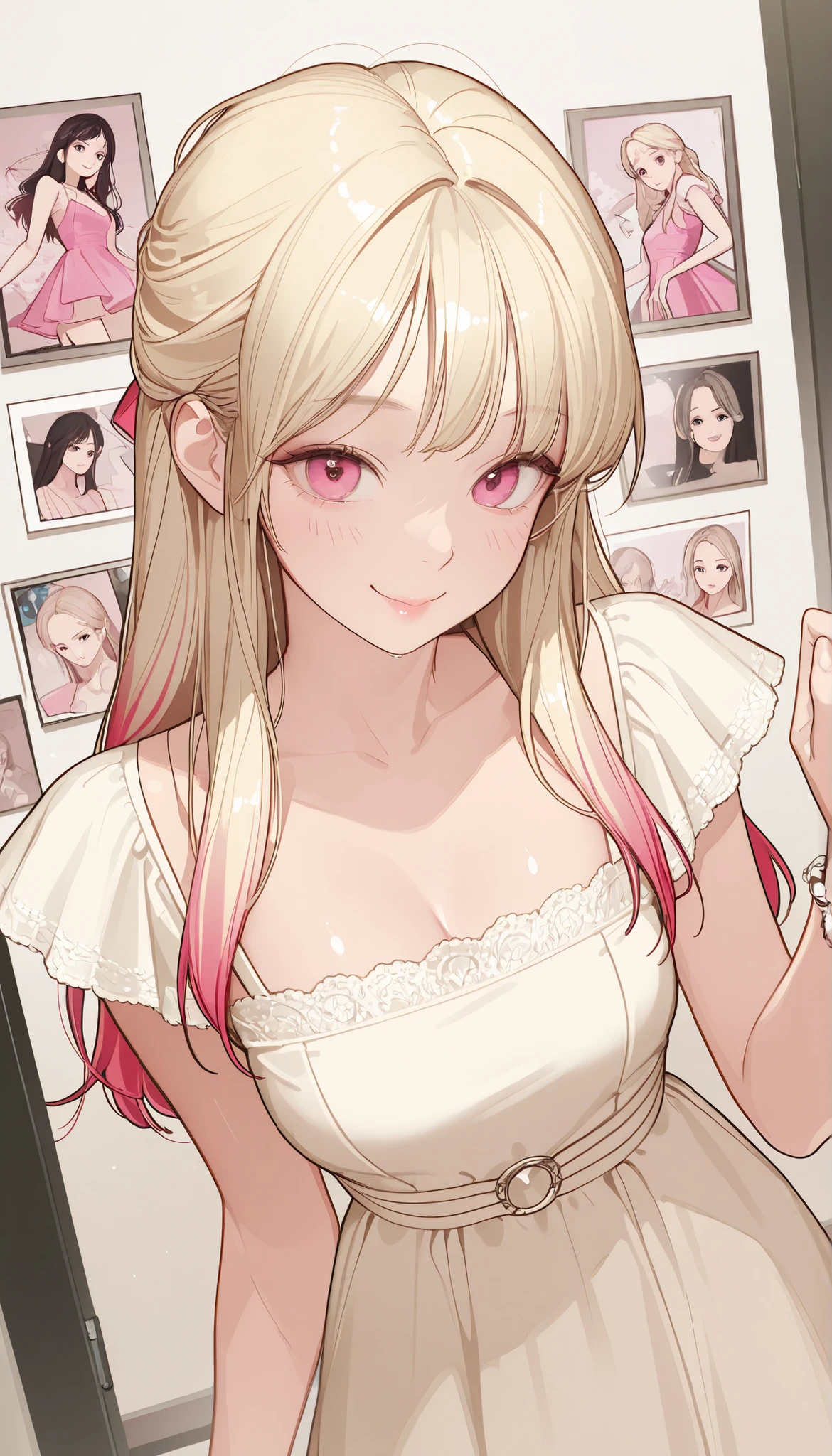 masterpiece、top quality、High precision in selection、high quality images、8k, 1 woman、perfect hands、 skin and clothing texture 、 beautiful eye expression  、Shiny latte-colored hair,long hair, Manga inspired by Lee Jong Suk, trending on deviantArt, realism, detailed anime-inspired style, cartoon style caught in a hole in the wall,  Perfect Line Drawing , beautiful line art,  Digital Manga Art Girl, K-pop idol, dress, beautiful pink eyes,  See Her Puffy Lips, Refined and Beautiful Faces, (cute smile), charm, innocent, side map, (Perfectly Detailed Faces), () like pictures, descriptive border, half up hairstyle, 