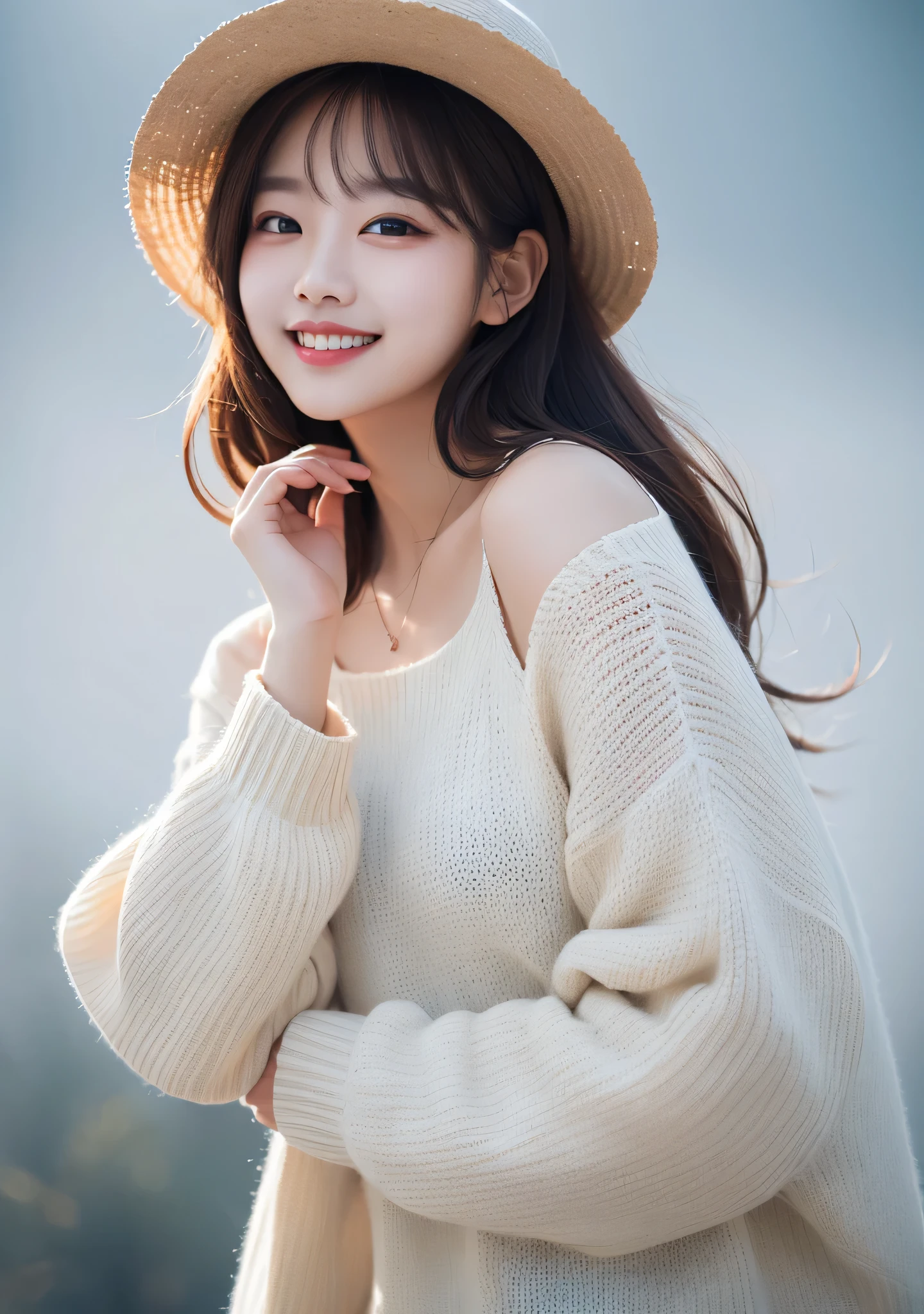 1woman,28yo,(grin)),Close up,Detailed details,、high resolution、high quality、Perfect dynamic composition、Beautiful detailed eyes、Natural Color Lip、1 persons、Transparent skin、Glowing hair、smiling,masterpiece、Best Quality、finely detail、high resolution、8K、The correct state of the human body、She wears a navy blue long knit dress、randome pose、Gravure Model Pose、Hair soaring in the wind,((beach side)),((hands up and waving)),a beach bag at shoulder,
