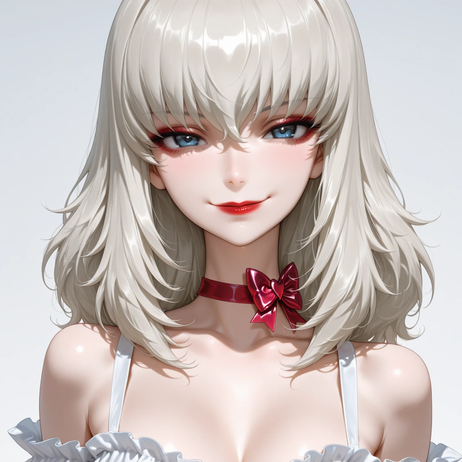 Female, tan skin, heterochromia red/white eyes, perfect split half red hair/half white hair down middle, perfect, full breast,