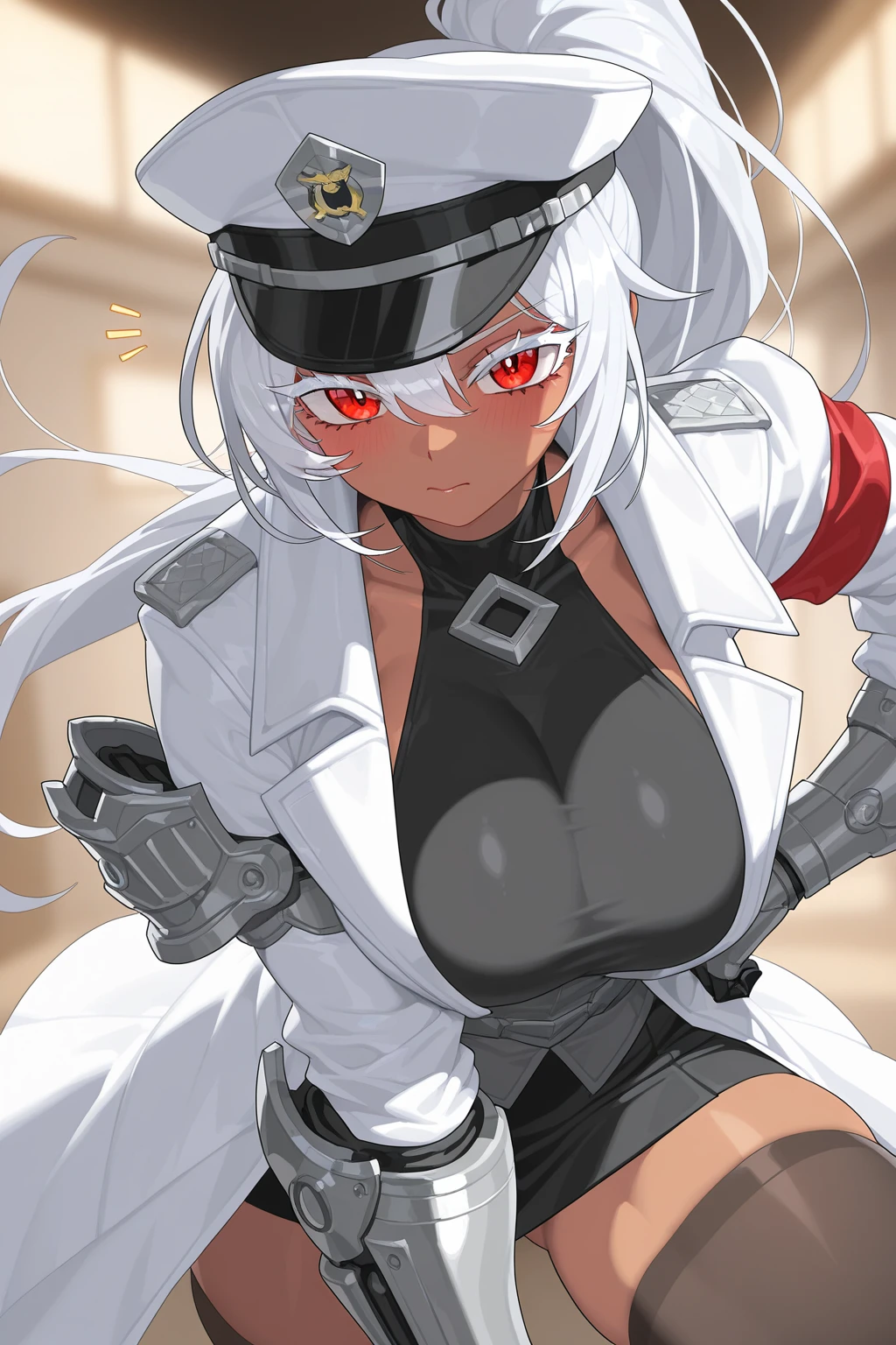 masterpiece,best quality,kim_kwang_hyun, AlabamaDef, 1girl, solo, long hair(((Long twintails))), large breasts, looking at viewer, Red eyes, pure White hair, large breasts, long sleeves, dress, cleavage, closed mouth, weapon, puffy sleeves, arm up, clothing cutout, copyright name, red dress, cleavage cutout, juliet sleeves , power armor, shoulder armor, Long twintails ,Red eyes, Cross your arms in front of your chest, crossed arms,