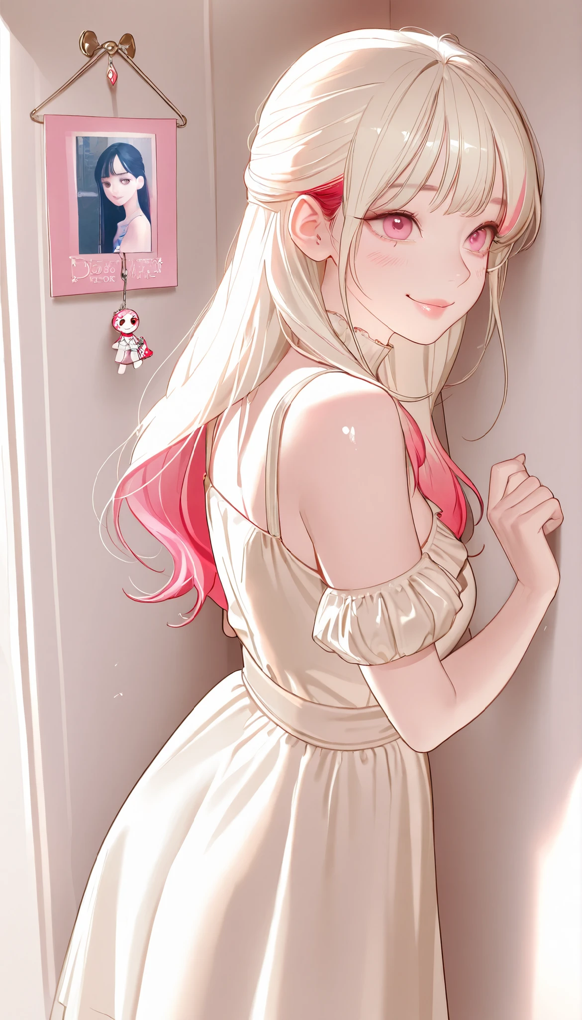 masterpiece、top quality、High precision in selection、high quality images、8k, 1 woman、perfect hands、 skin and clothing texture 、 beautiful eye expression 、Shiny latte-colored hair,long hair, Manga inspired by Lee Jong Suk, trending on deviantArt, realism, detailed anime-inspired style, cartoon style caught in a hole in the wall, Perfect Line Drawing , beautiful line art, Digital Manga Art Girl, K-pop idol, dress, beautiful pink eyes, See Her Puffy Lips, Refined and Beautiful Faces, (cute smile), charm, innocent, side map, (Perfectly Detailed Faces), () like pictures, descriptive border, half up hairstyle,