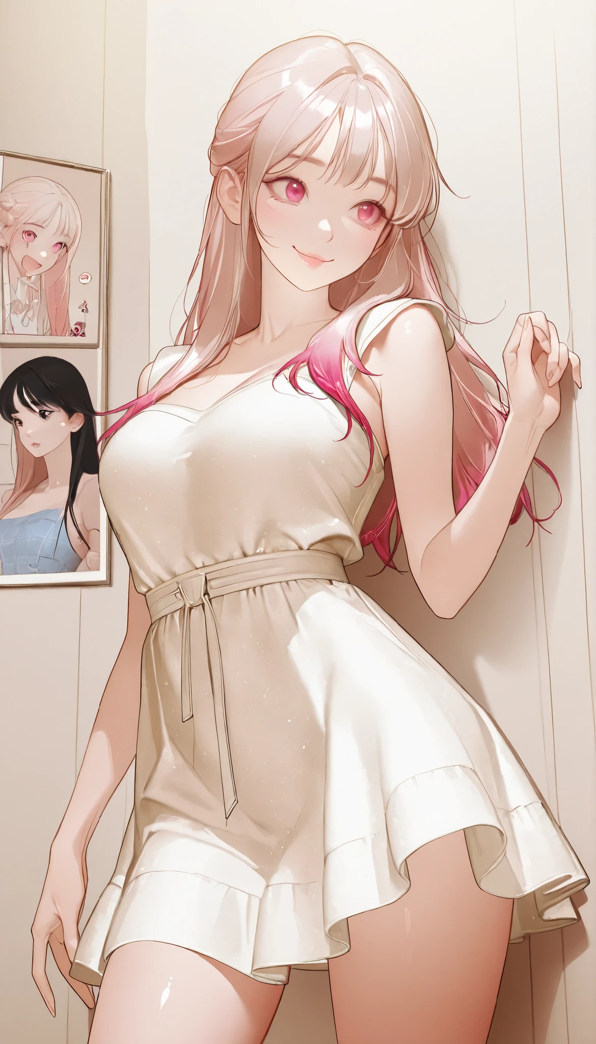 masterpiece、top quality、High precision in selection、high quality images、8k, 1 woman、perfect hands、 skin and clothing texture 、 beautiful eye expression  、Shiny latte-colored hair,long hair, Manga inspired by Lee Jong Suk, trending on deviantArt, realism, detailed anime-inspired style, cartoon style caught in a hole in the wall,  Perfect Line Drawing , beautiful line art,  Digital Manga Art Girl, K-pop idol, dress, beautiful pink eyes,  See Her Puffy Lips, Refined and Beautiful Faces, (cute smile), charm, innocent, side map, (Perfectly Detailed Faces), () like pictures, descriptive border, half up hairstyle, 