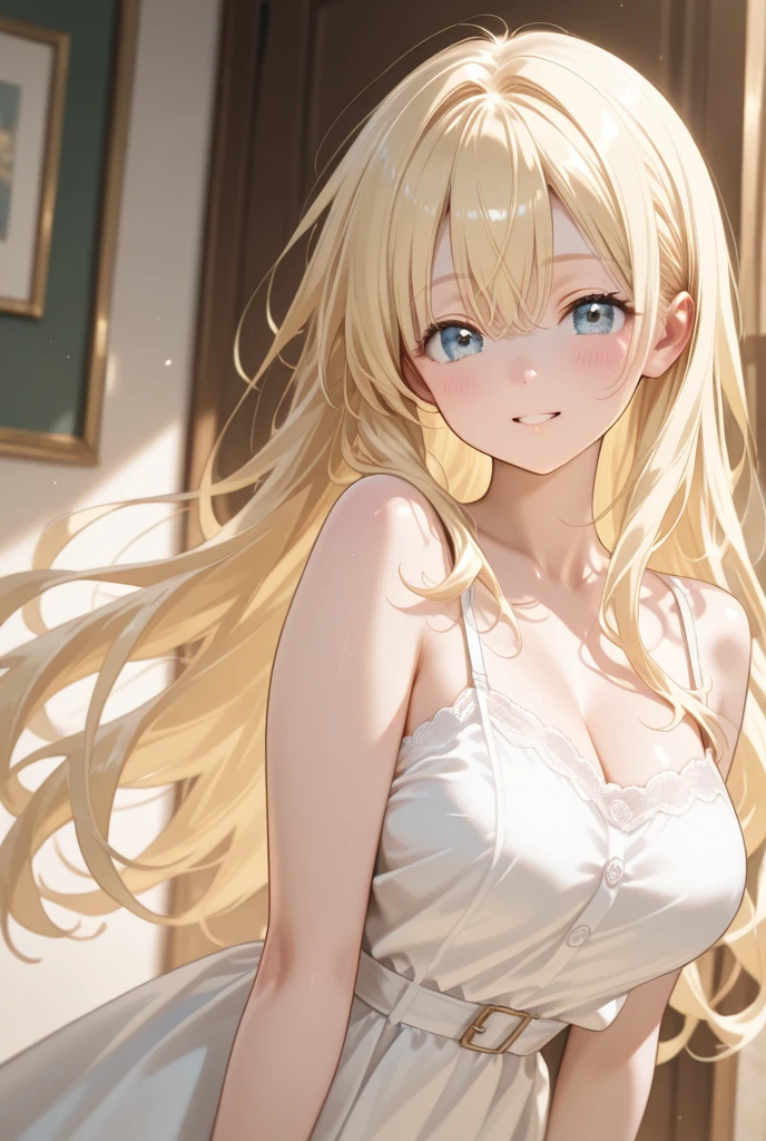 head tilt, waving hand,  Cleavage、Upper Body, Realistic, real person, (pale skin: 1.2), RAW photo, photorealistic, shiny skin, shiny hair、(A 25-year-old woman with medium-length hair and bangs) and (wavy hair) and (Blonde Hair) and (green eyes) , BREAK (white) and (off shoulder blouse) BREAK 、smile, open mouth, The background is the interior of a cafe、Alone、Are standing
