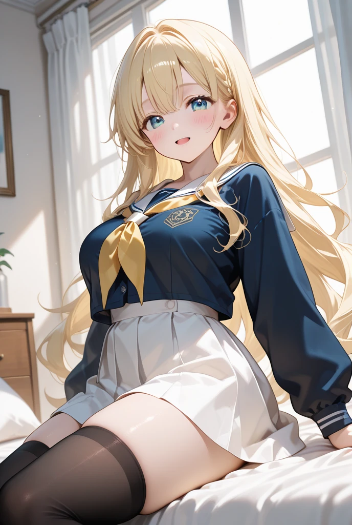 (8k, highest quality, Tabletop:1.2)、Ultra-high resolution、One 16-year-old girl, Detailed face, smile, blue eyes, Blonde, Braid, White panties, White blouse, Black vest, Western-style room, futon, Lie down with your legs outstretched