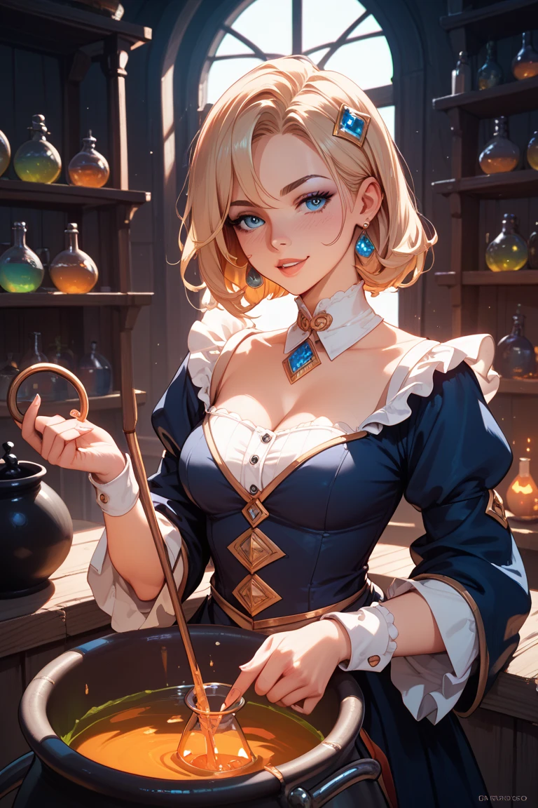 Short hair, redhead, green-eyed, young, Darling, smiling witch in thin-rimmed glasses dancing in a pub