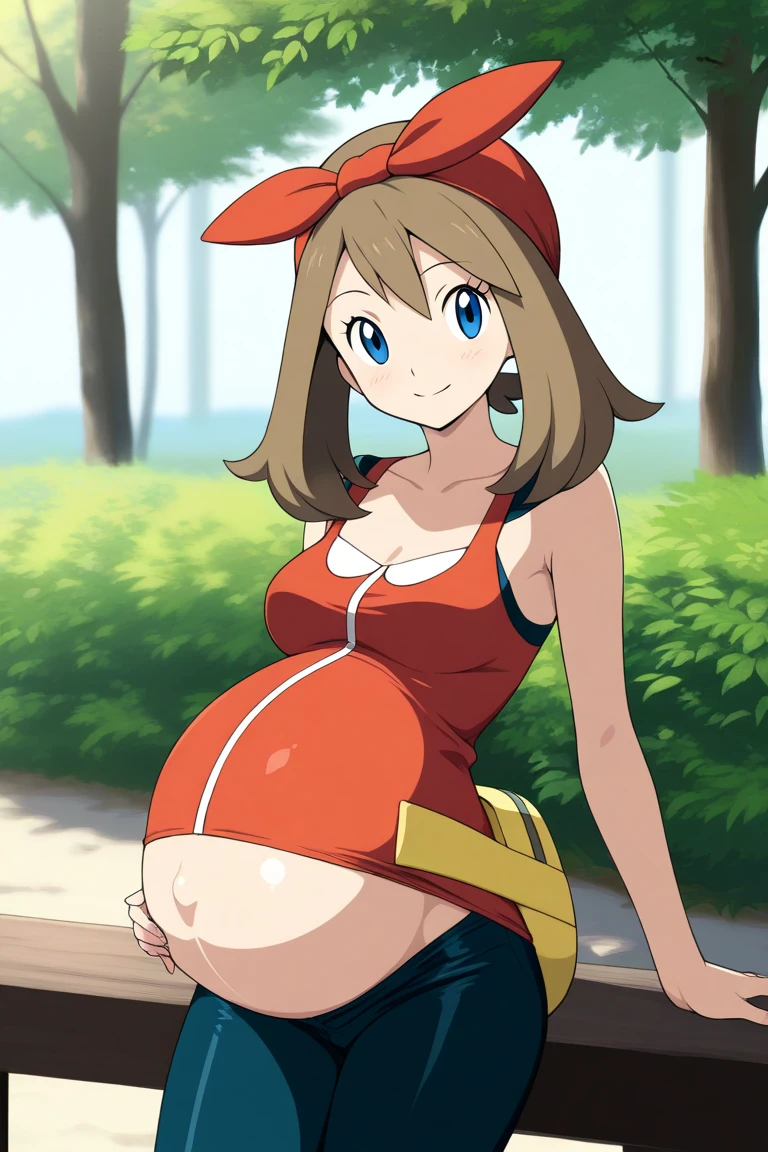 Masterpiece, Best Quality, High resolution, outdoor, 1 girl, Alone, serena (pokemon), pink hats, Bikini, microBikini, Bikini negro, to smell the dirt,, bare shoulders, looking at the viewer, Pregnant, pregnant, SMILE timida, blush, medium breasts, female breasts, SMILE, hands on hips, Profile, side body, pool, pool background, womb tatoo, SMILE picara, suggestive look, pregnant, piscina.