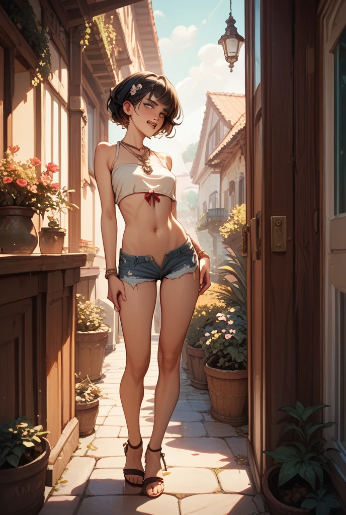 &Quot;((atelier)), perfect quality, plumpness, bulging, fully body, stunning beauty, Jeanfavonian, breasts small, (high quality anime), vred, blush, Standing on the street near the river next to the village, hands on the chest, Looking at the Viewer, without handles. shorth hair (((short bob hair blowing in the wind))), the background is simple and blue, and the gaze is directed downward at a low angle, a bright lightning bolt.