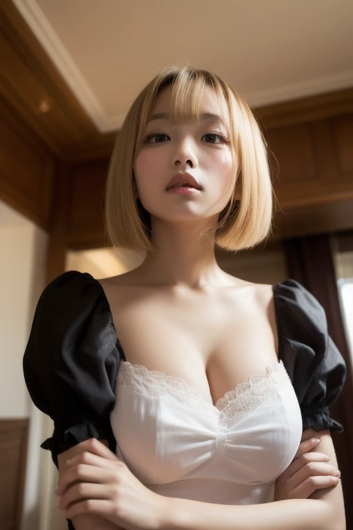 1 girl, Tatsumaki, black dress, long sleeves, green fur, green eyeball, short hair, Curly hair, realist, ultradetalle, 70mm lens, tanga visible, breasts marked by the dress, marked nipples