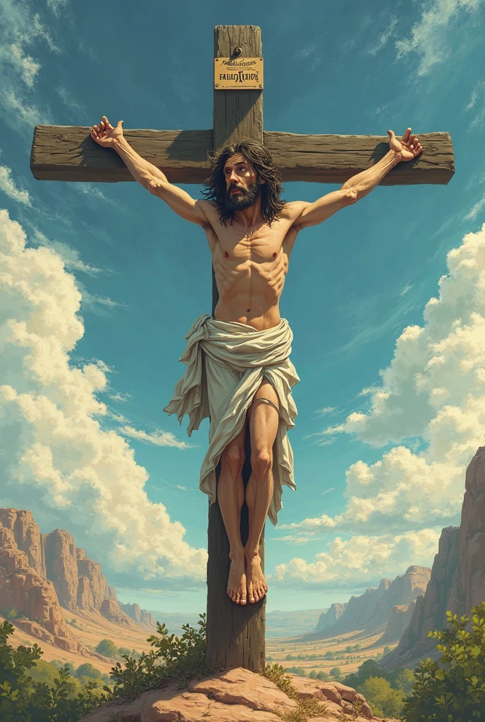 Jesus Christ in Japanese animation style on the cross