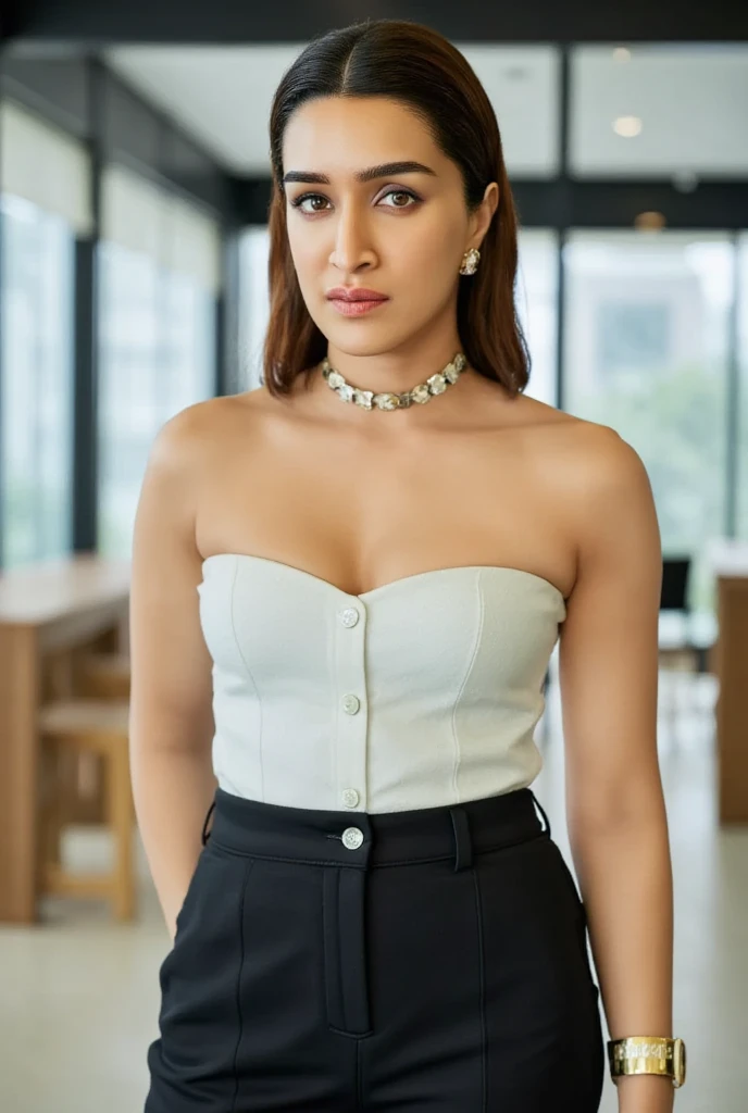 Ultra High quality, 32k, photo realistic, masterpiece, 3/4 body shot, shot on Hasselblad X2D 100C, with XCD V 38mm F2.5 lens, apperture at f/2.5, harsh light from the side, backlight, soft light from the up front, lights on her face, 1 girl, asian, indian, Indo-aryan ethnicity, female, 30 y.o, beautiful, ((slim curvy-body)), proportional figure, ((short hair)), layered bob cut, ((wavy hair)), caramel layered hair color, natural skin, (oily dark skin:1.3, wet glossy skin:1.0), natural skin texture, detailed face, textured face, fine tuned eyes, natural eyes, detailed eyes, realistic eyes, detailed pupils, thin lips, detailed lips, natural lips texture, beads necklace, navy-blazer on top of tucked-in white buttoned-shirt, pencil skirt, sitting with knees open