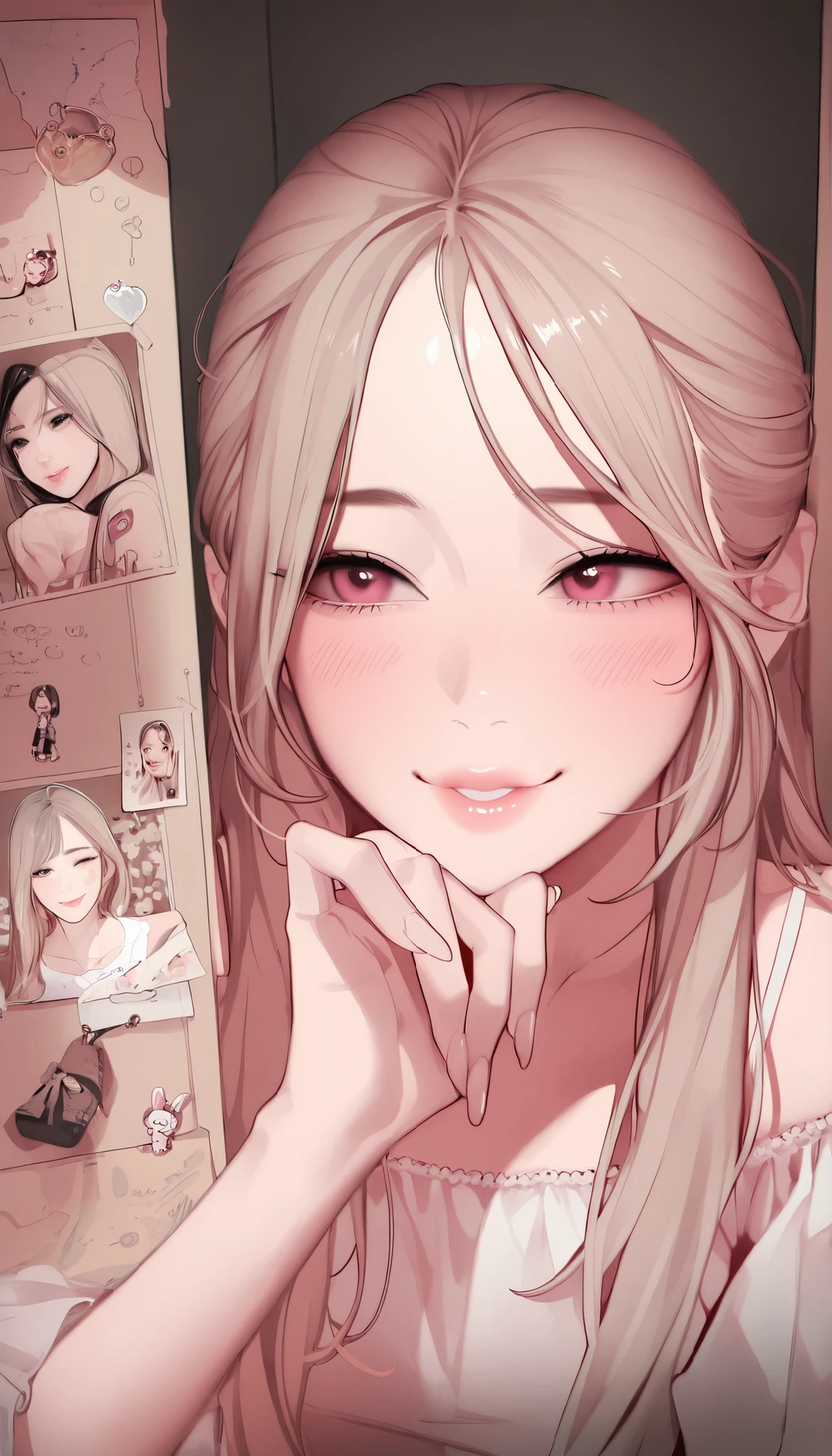 masterpiece、top quality、High precision in selection、high quality images、8k, 1 woman、perfect hands、 skin and clothing texture 、 beautiful eye expression  、Shiny latte-colored hair,long hair, Manga inspired by Lee Jong Suk, trending on deviantArt, realism, detailed anime-inspired style, cartoon style caught in a hole in the wall,  Perfect Line Drawing , beautiful line art,  Digital Manga Art Girl, K-pop idol, dress, beautiful pink eyes,  See Her Puffy Lips, Refined and Beautiful Faces, (cute smile), charm, innocent, side map, (Perfectly Detailed Faces), () like pictures, descriptive border, half up hairstyle, 