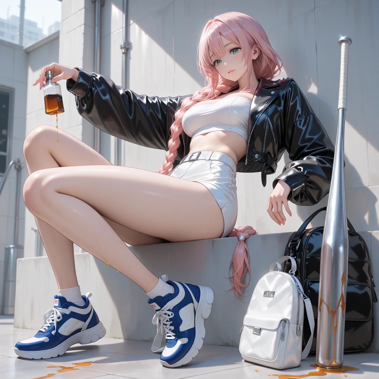 16 year old girl,light skin tone,red eyes,2 color hair, black and white,high,body with hourglass figure,He wears a dark jacket over a white t-shirt,pink shorts and red jordan sneakers