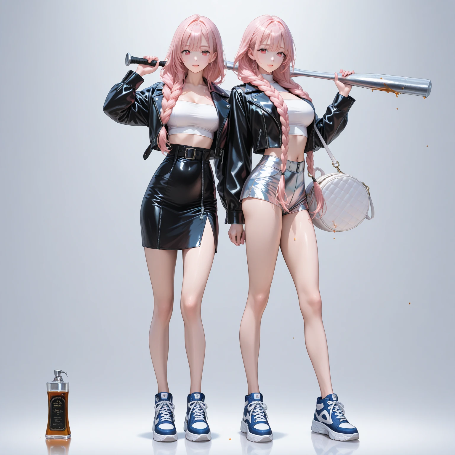 highest quality、surreal、perfect anatomy、Simple Background、Wet and shiny white skin、model body shape、Sweat dripping all over the body、Super small face、Ahegao、Cleavage、Cyberpunk City、Monotone urban tech wear、Pink, black, silver and golden hair、