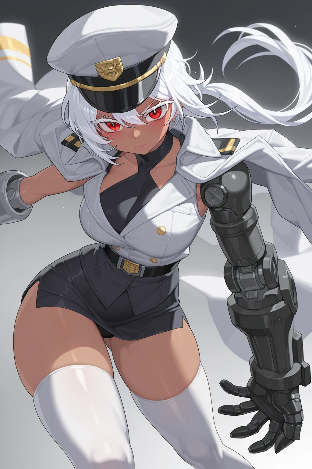 1girl, aegir \(azur lane\), azur lane \\\\\ masterpiece, best quality, very aesthetic, absurdres, newest \\\\\\ sportive body,  \\\\\\ by nyantcha,,by cutesexyrobutts,by khyle ///// white hair with a single prominent red streak, black horns, yellow eyes,  , white (nurse outfit:1.2), skirt, , white pencil skirt, nurse cap, , , a red cross on the cap, standing, (white background:1.2)