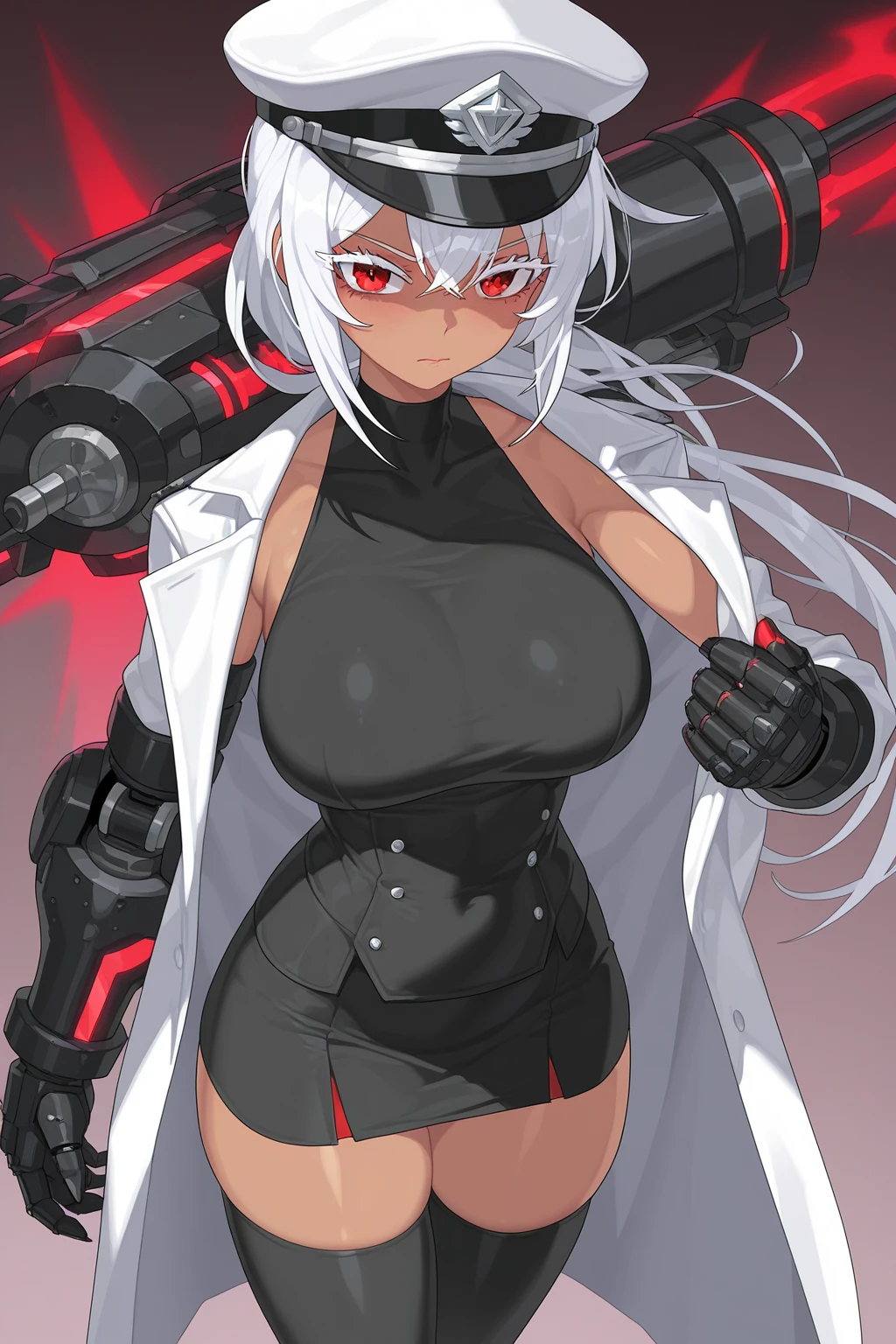 1girl, solo, anime, sexy, thick thighs, large breasts, wide hips, plump, hands on hips, cleavage, shorts, (((white leotard))), (((white sleeves))), (((white gloves))), red eyes, day time, colorful, highly detailed, 4k, masterpiece, depth of field, futuristic, armor, <lora:drakeNIKKE_v10:0.7>