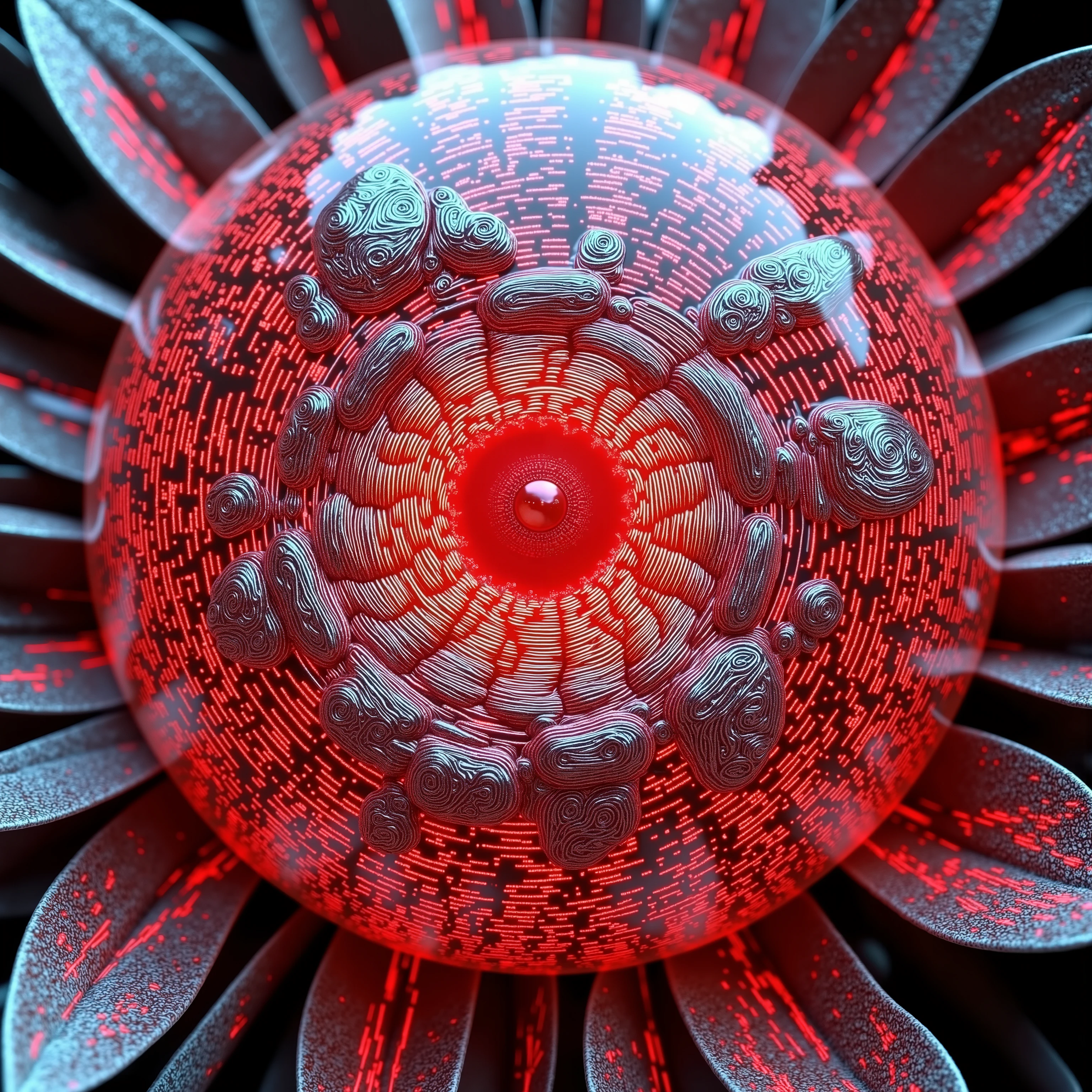A mesmerizing 3D rendering featuring a central, translucent sphere with intricate, swirling patterns forms the focal point of the image. These patterns, gently spiraling inward, resemble an ornate floral design, with a vivid red focal point at its heart. Surrounding the sphere, multiple elongated tendrils unfurl like petals from a flower, their surfaces gleaming with a metallic sheen of silvery-gray highlighted by glowing, fiery red veins. The tendrils appear to pulse outward, each one meticulously detailed with fine textures, enhancing their organic yet otherworldly feel. The entire composition is bathed in a stark contrast between deep shadowed areas and the bright luminescence of red, evoking a sense of depth and dynamic energy. This creates a captivating visual harmony, blending natural forms with an abstract, futuristic aesthetic. a close up of a red and white flower with a red center, a large sphere of red energy, intricate artwork. octane render, ray tracing. fractal crystal, dmt imagery. octane render, strange red particles, glowing sphere, inside glass orb, red shift render, lsd visuals, 4d mandelbulb psychedelics, ornate with fiery explosions