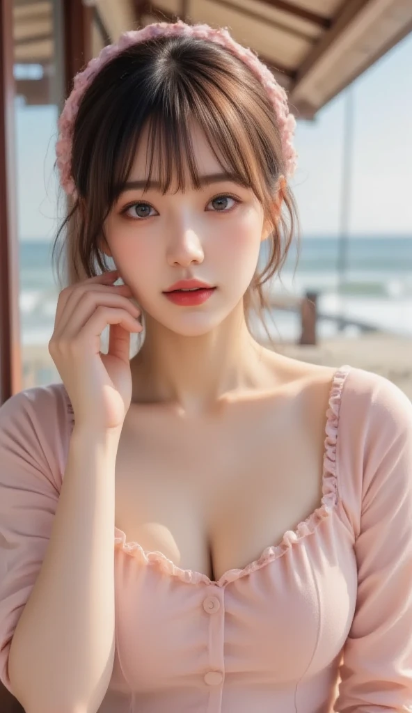 (Raw photography、top-quality)、(realisitic、Photorealsitic:1.3)、top-quality、masterpiece、extremely delicate and beautiful、A highly detailed、nffsw、A sense of unity、2k wallpaper、magnifica、Beautiful in every detail、masterpiece、浅笑、top-quality、Highly detailed ticker Unity 8K wallpapers、huge filesize、ultra-detailliert、hight resolution、ighly detailed、Female 1 Person、Slim body、D-cups、(Black Leotard Top:0.7)、(Pink skirt:1.2)、(Bun hair)、(brown haired)、looking at viewert、Sharp Focus、Face Close-up、pureerosface_v1:0.8 Short Hair、