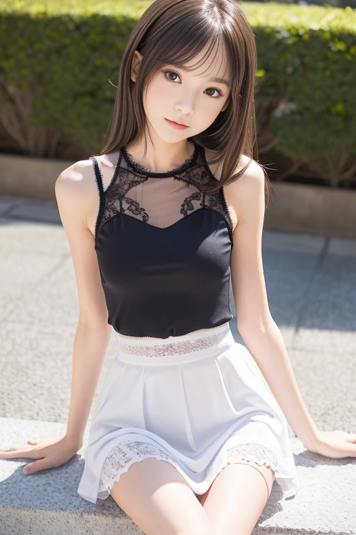low angle depiction、Let your brown hair flow gently、Wearing a cute miniskirt 2０Old beauty、Wearing black and sitting on the sofa。Please express her cuteness and refreshing charm...。"
