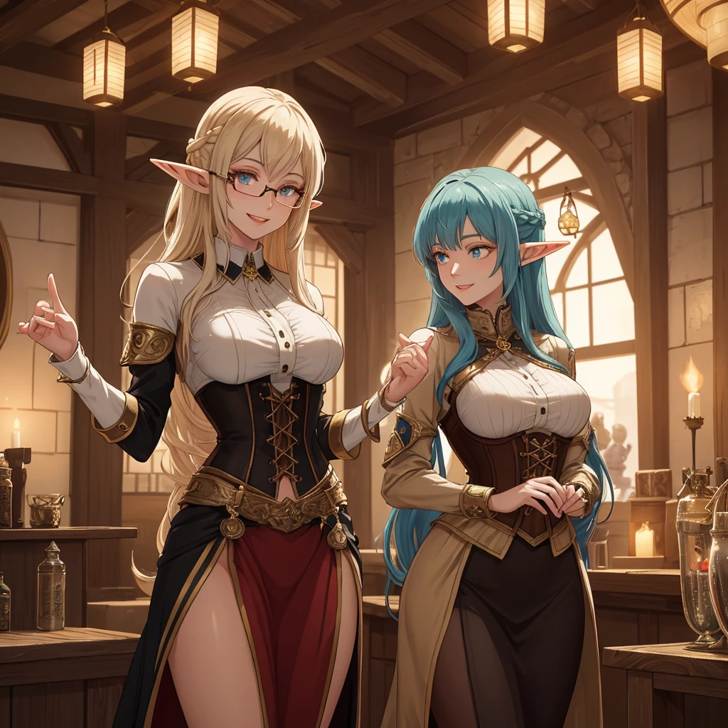 masterpiece, Best quality:1.2), One, 1 girl, l2rvelf, inexpressive, Looking at the viewer, pointed ears, Dark Crystal броня, skirt, life, split, Lineage 2,, Beautiful Japanese anime style..,extremely detailed eyes and face, masterpiece, high quality, 1_woman, ((upper body)), (Sitting), Sitting in chair, Sitting at table, (Exotic skin_complexion:1.4), mature, Looking away from the viewer, high, Beautiful, Exotic, with long elf ears, long hair, silver hair, detailed face, having diamond-shaped eyes, Blue eyes, (Dark_Eyeliner), long_medium eyelashes_bust, wear a steampunk corset, chest window, (brown shorts), intersecting belts, (glasses on head), long fingerless_gloves, belts with metal gears, black knee socks with embroidery, knee-high boots with laces, dynamic lighting creates detailed shadows, inside the village tavern, Fireplace in the background,