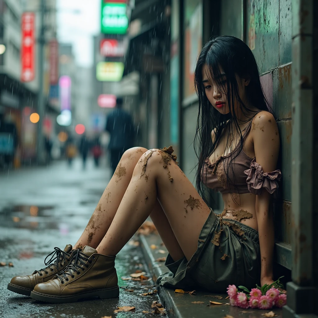 masterpiece, best quality, 2girls, (closeup:1.5), 18yo teen, slim, small breast, side view, walk knee-deep in water, sad, tired, dirty face, green raincoat, (backpacks), heavy rain, downpour, flood, wasteland, train station, industrial ruins, grey, desolate, rain, dark, watercolor, analog, ((open coan:1.4)), ((topless:1.3))