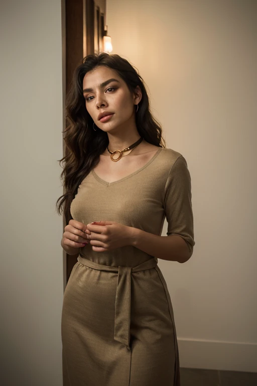 Generate me the most beautiful woman in the world with a magnificent, ultra realistic and detailed face , une belle robe marron moulante de la marque Louis Vuitton avec des bijoux Louis Vuitton et un magnifique décors de lac tout ça en 8k rtx ultra détaillé