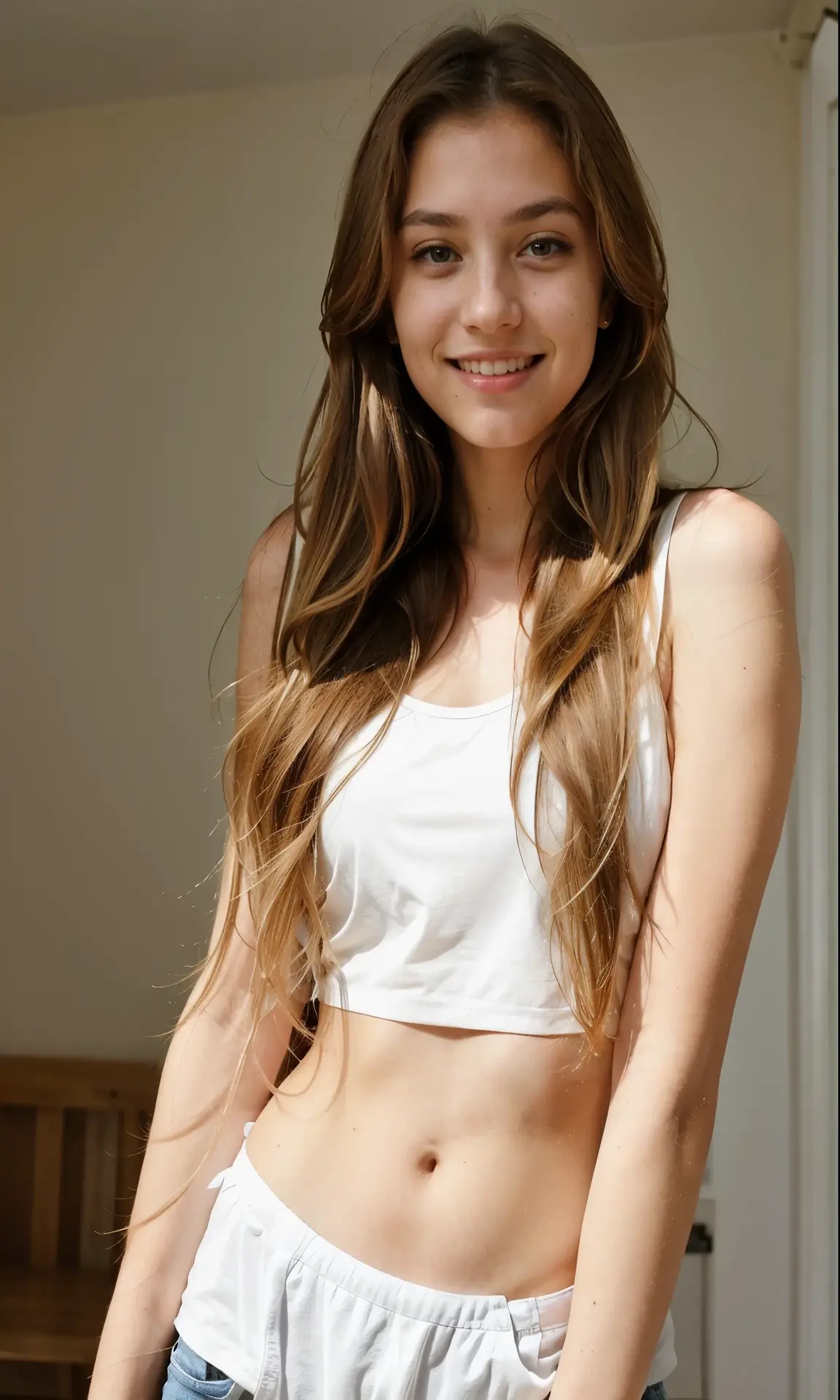 ((guapa, sexy, sensual, hermosa), ((con jean y blusa escotada con pechos visibles), (ojos claros rasgos latina, brown hair), perfect face sonriendo un 1.5
