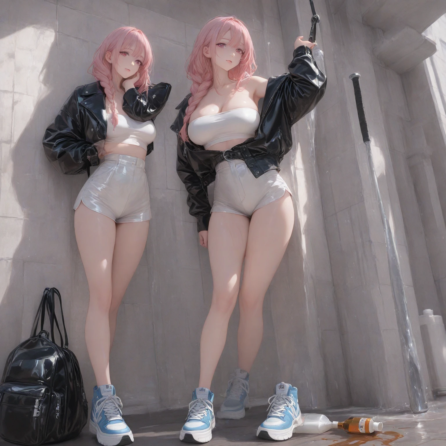 two women in white skirts and black tops posing for a photo, alena aenami and lilia alvarado, half pink, modeling for sweets and gabanna, white and black clothing, godesses, by Daniel Lieske, profile image, slim waist and thick hips, wearing white clothes, wearing simple, close-fitting clothes, fully body, full height
