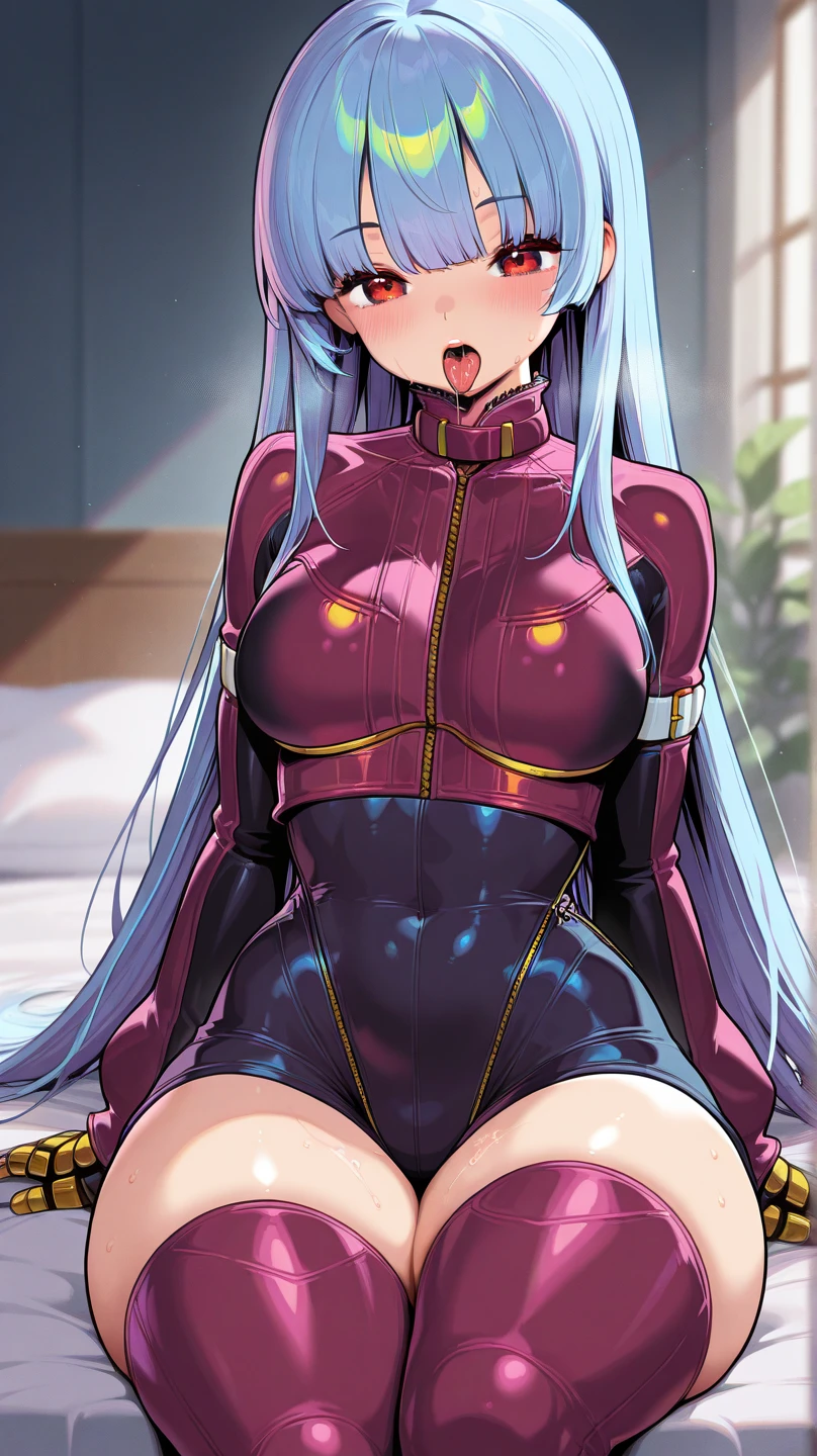 ((close-up face)), ((face)), ((beautiful eyes)), ((masterpiece:1.3)), best quality, ultra-detailed, ((illustration)), 1girl, ((alice \(nikke\))), pink bodysuit, latex, bodysuit, solo, ((pool, water, waterdrops, wet clothes)), daytime, twintails, silver hair, pink eyes, canine teeth, grinning, mischievous, playful, comfortable, relaxed, confident, satisfied, happy, window, natural light, shadow, contrast, texture, detail, realism, impressionistic, expressionistic, innovative, experimental, unique, warmth, coziness, intimacy, personal space, privacy, relaxation, ease, contentment, pleasure, self-expression, individuality, fashion, style, aesthetics, beauty, sensuality, flirtatious, provocative, innocent, youthful, energetic, vibrancy, joy, emotion, creativity, imagination, artistry, composition, balance, harmony, rhythm, color, light, shadow, reflection, refraction, tone, contrast, foreground, middle ground, background, naturalistic, figurative, representational